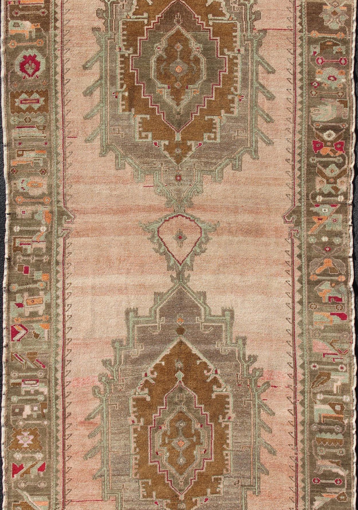 Oushak Over Sized Turkish Gallery Runner with Two Large Medallions in Salmon and Browns For Sale