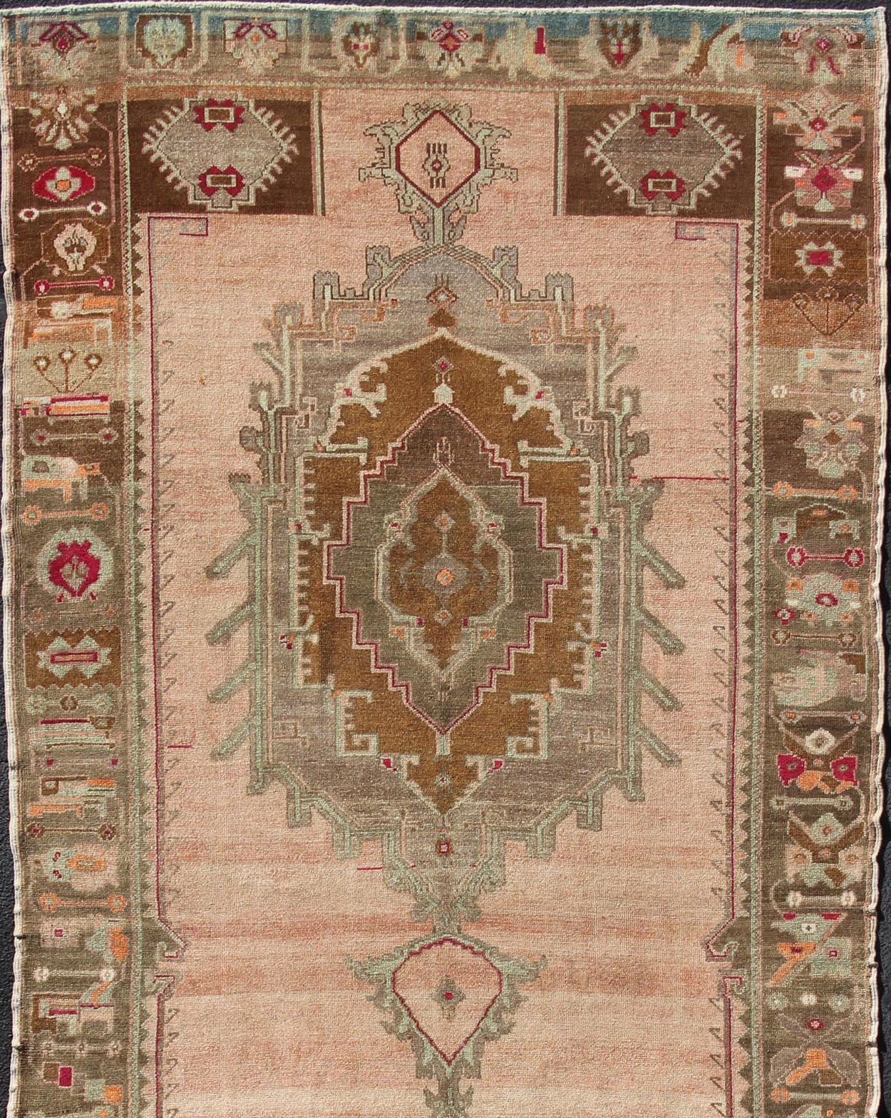 Hand-Knotted Over Sized Turkish Gallery Runner with Two Large Medallions in Salmon and Browns For Sale
