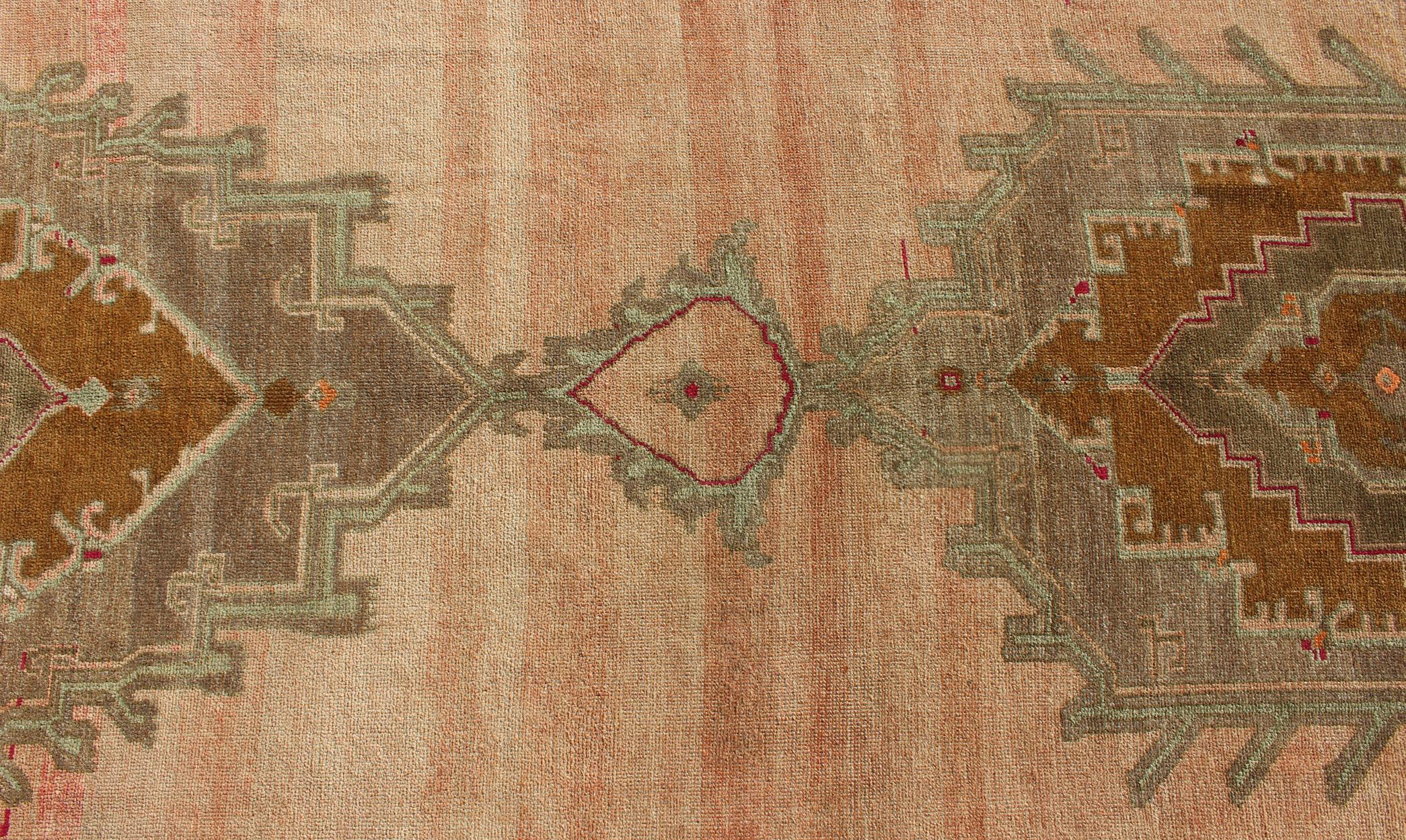 Wool Over Sized Turkish Gallery Runner with Two Large Medallions in Salmon and Browns For Sale