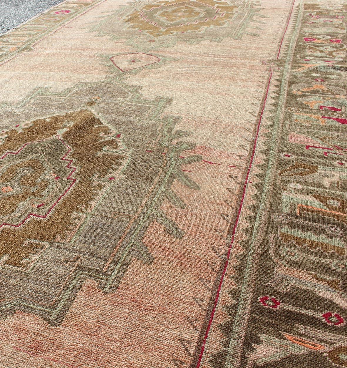 Over Sized Turkish Gallery Runner with Two Large Medallions in Salmon and Browns For Sale 1