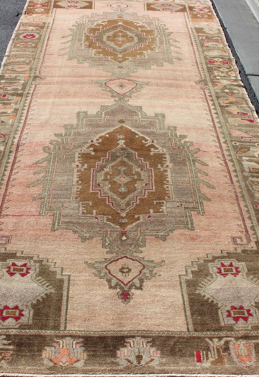 Over Sized Turkish Gallery Runner with Two Large Medallions in Salmon and Browns For Sale 2