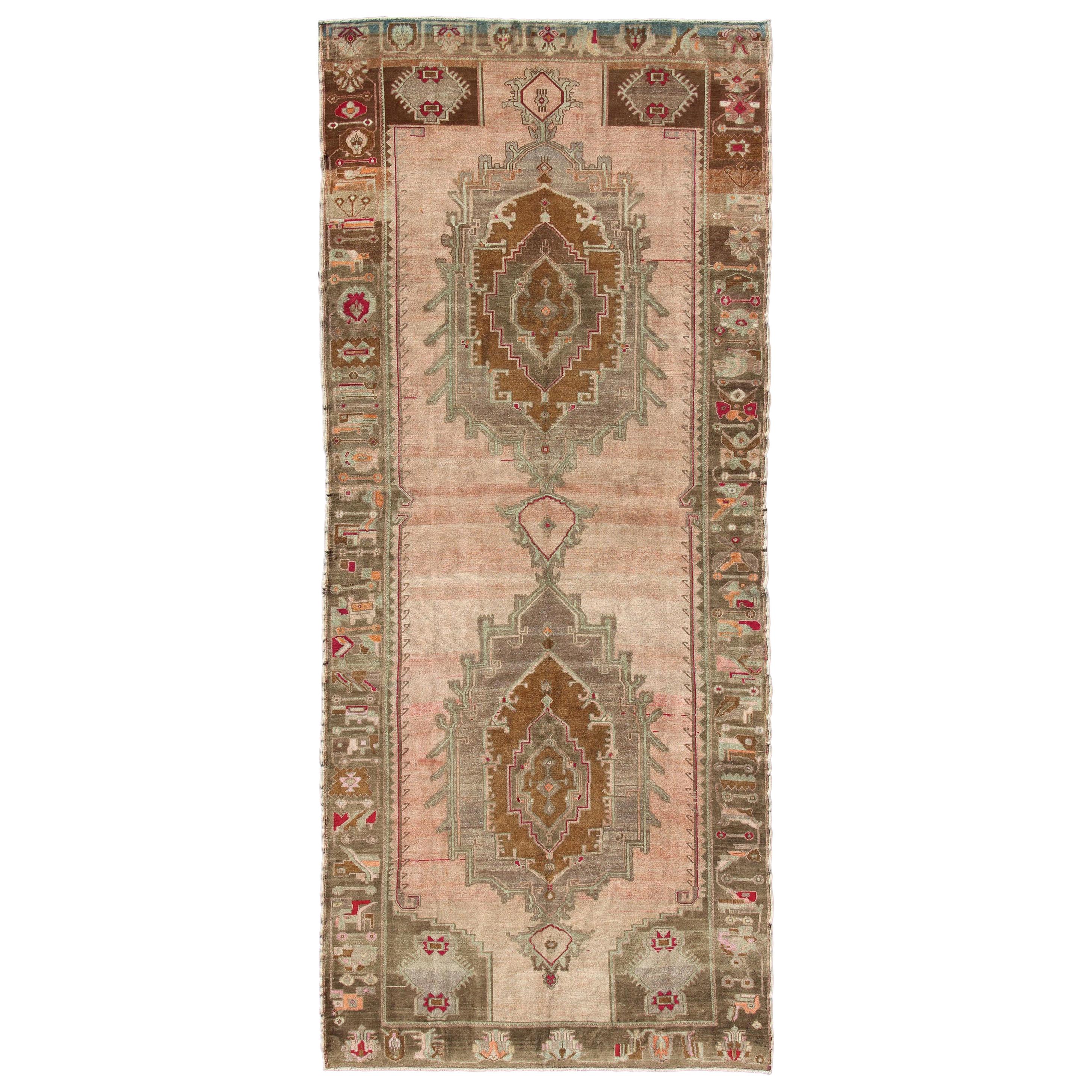 Over Sized Turkish Gallery Runner with Two Large Medallions in Salmon and Browns