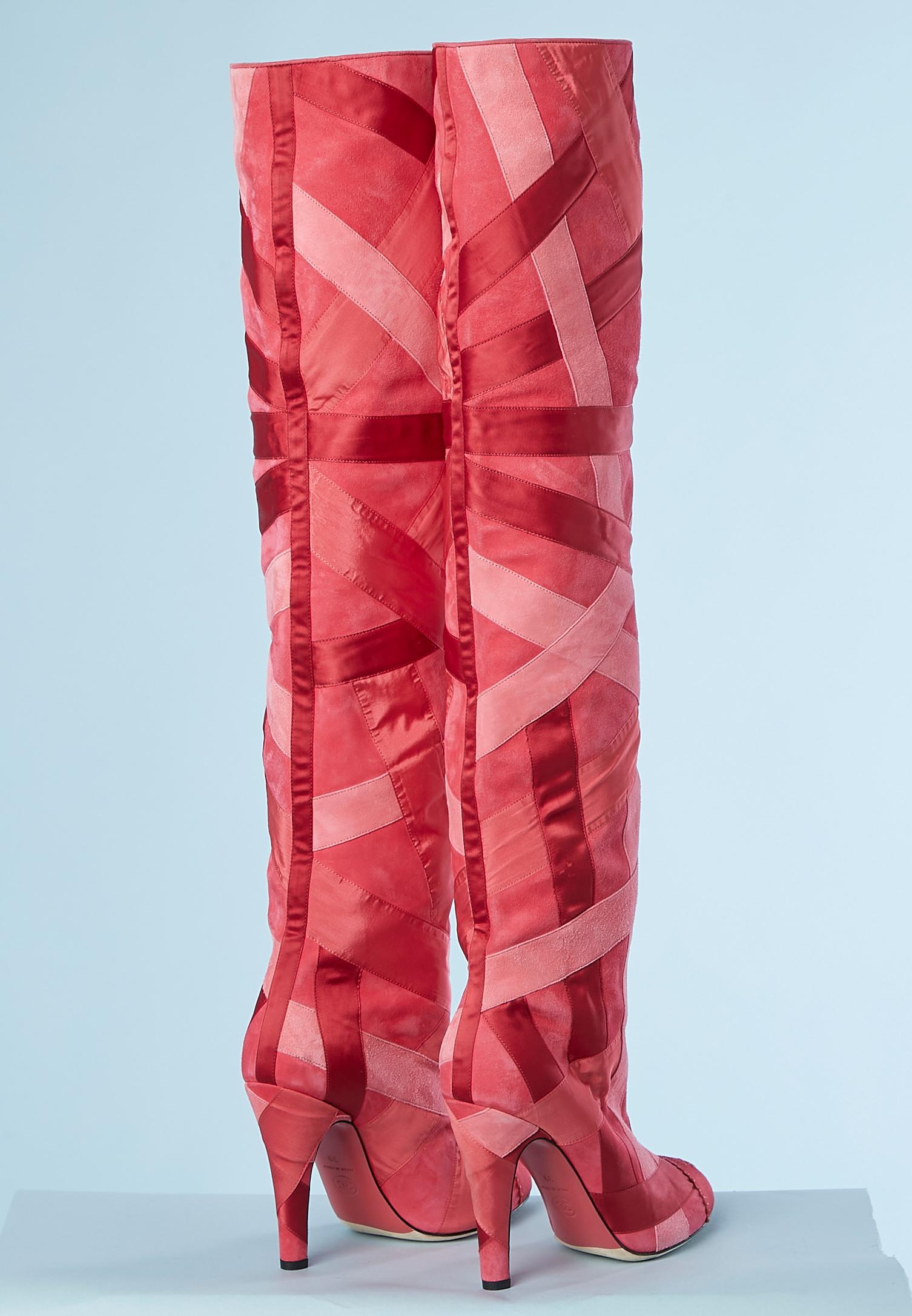 Women's Over-the- knee boots in satin, gros-grain and suede ribbons patchwork Chanel NEW