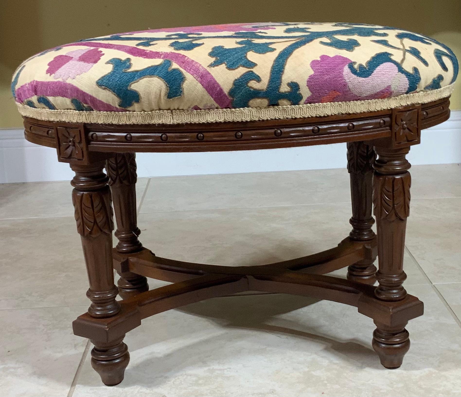 Hand-Carved Over Vintage Suzani Upholstered Wood Foot Stool