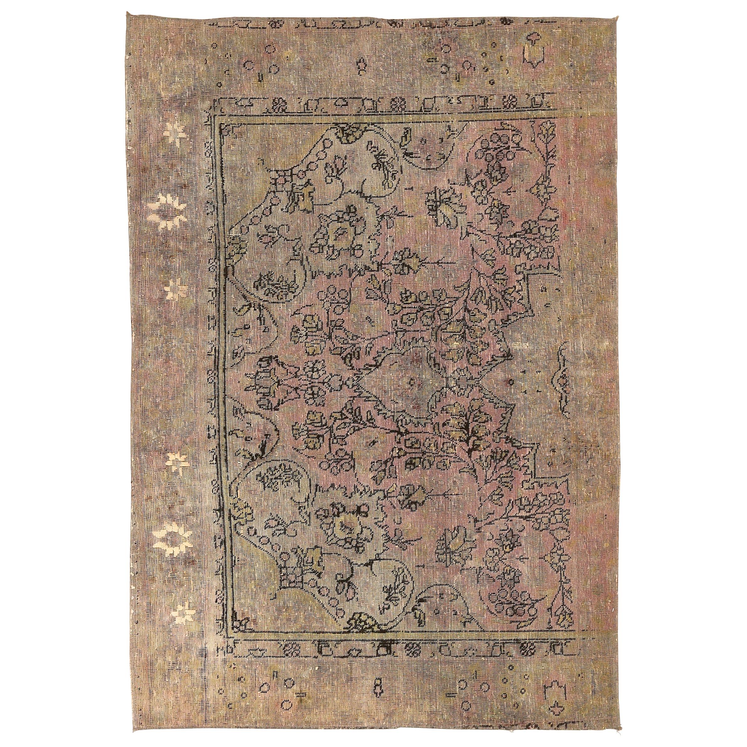 Overdye Contemporary Persian Rug with Black & Pink Botanical Details