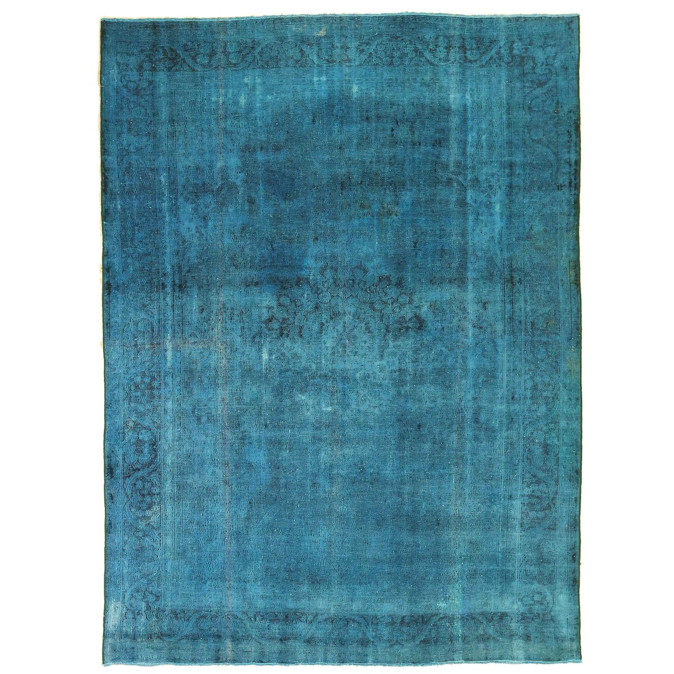 Overdye Persian Rug with Faded Blue and Black Botanical Details For Sale