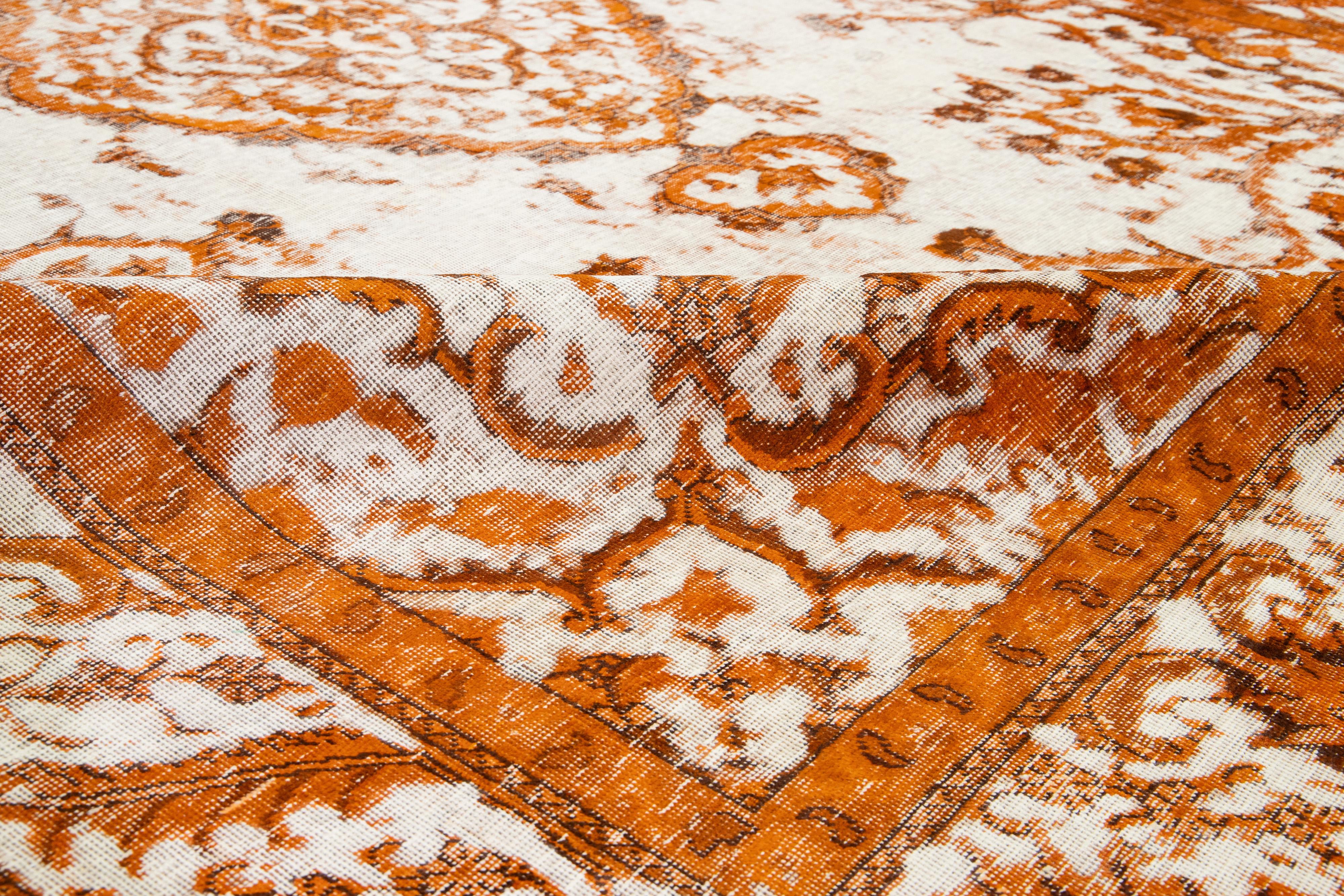  Overdyed Antique Orange Wool Rug With Medallion Motif For Sale 3