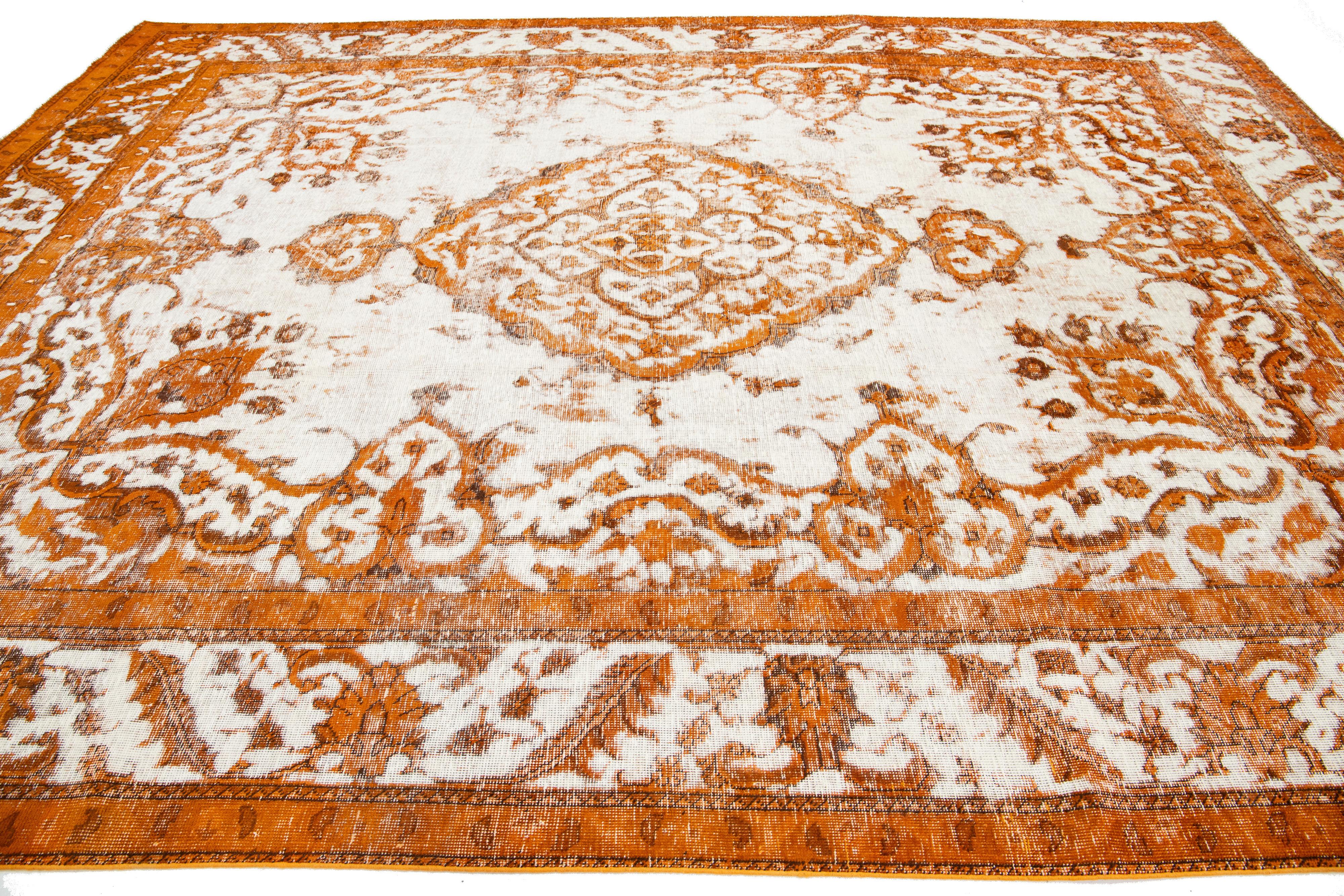  Overdyed Antique Orange Wool Rug With Medallion Motif For Sale 4