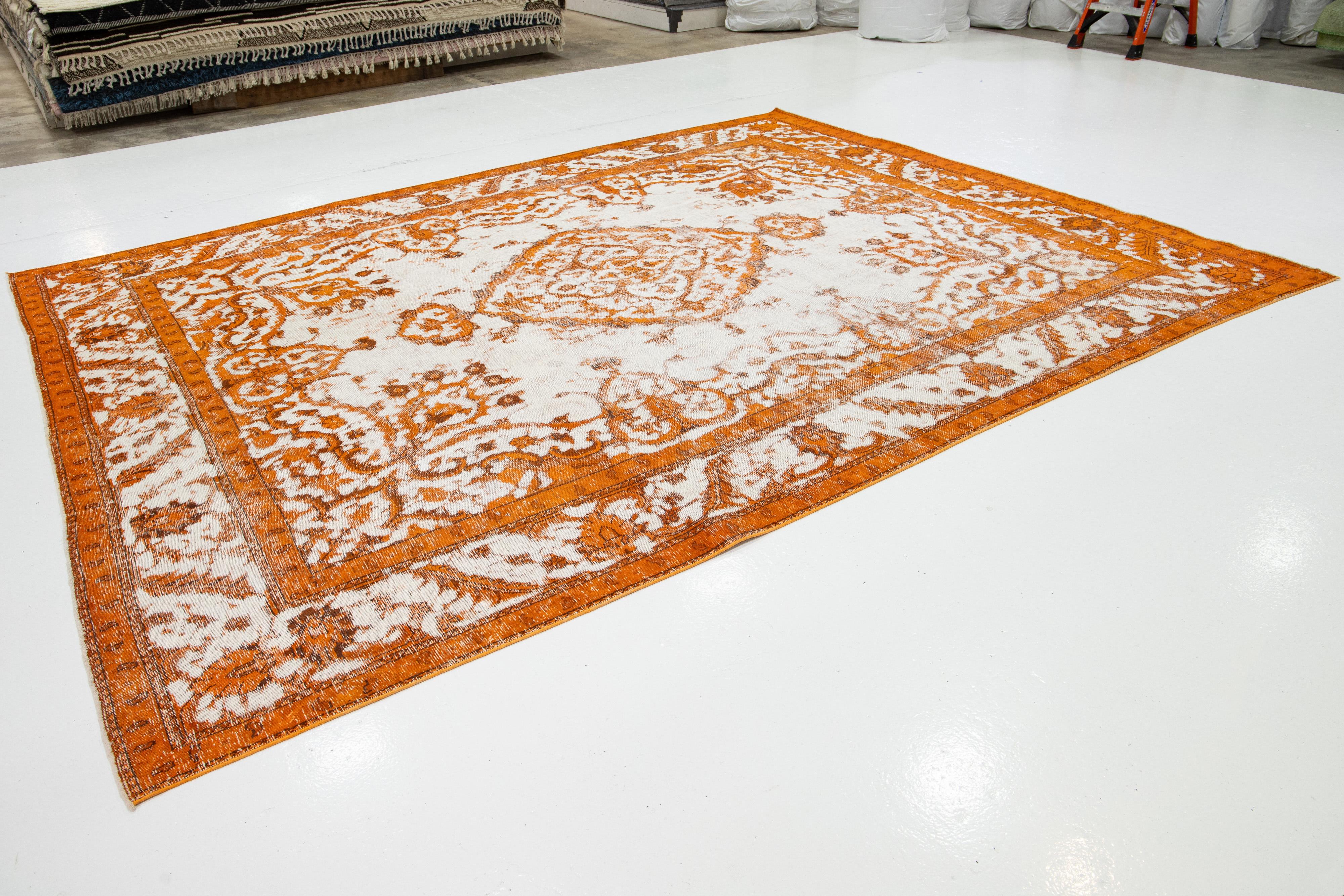 Hand-Knotted  Overdyed Antique Orange Wool Rug With Medallion Motif For Sale