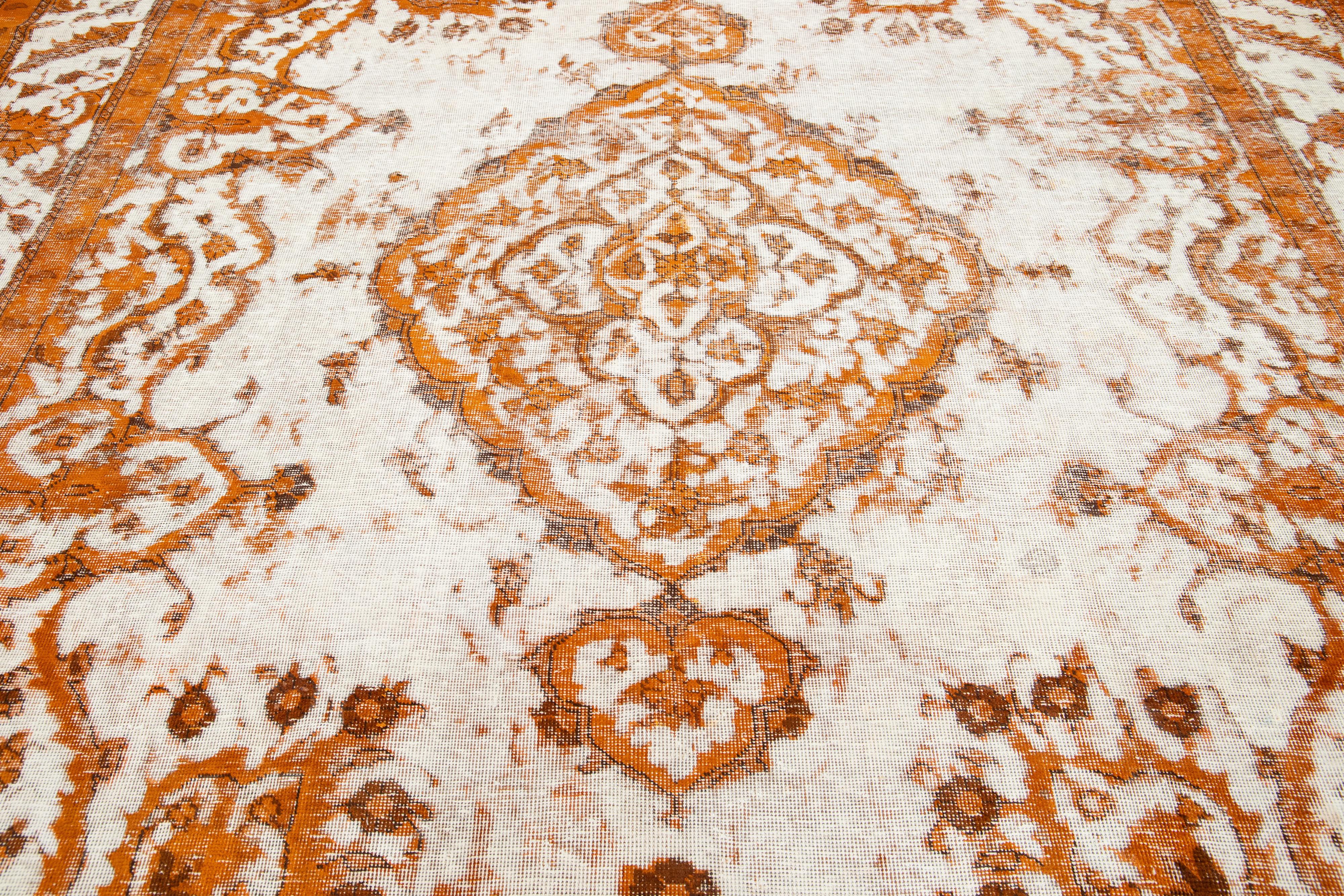 Overdyed Antique Orange Wool Rug With Medallion Motif For Sale 1