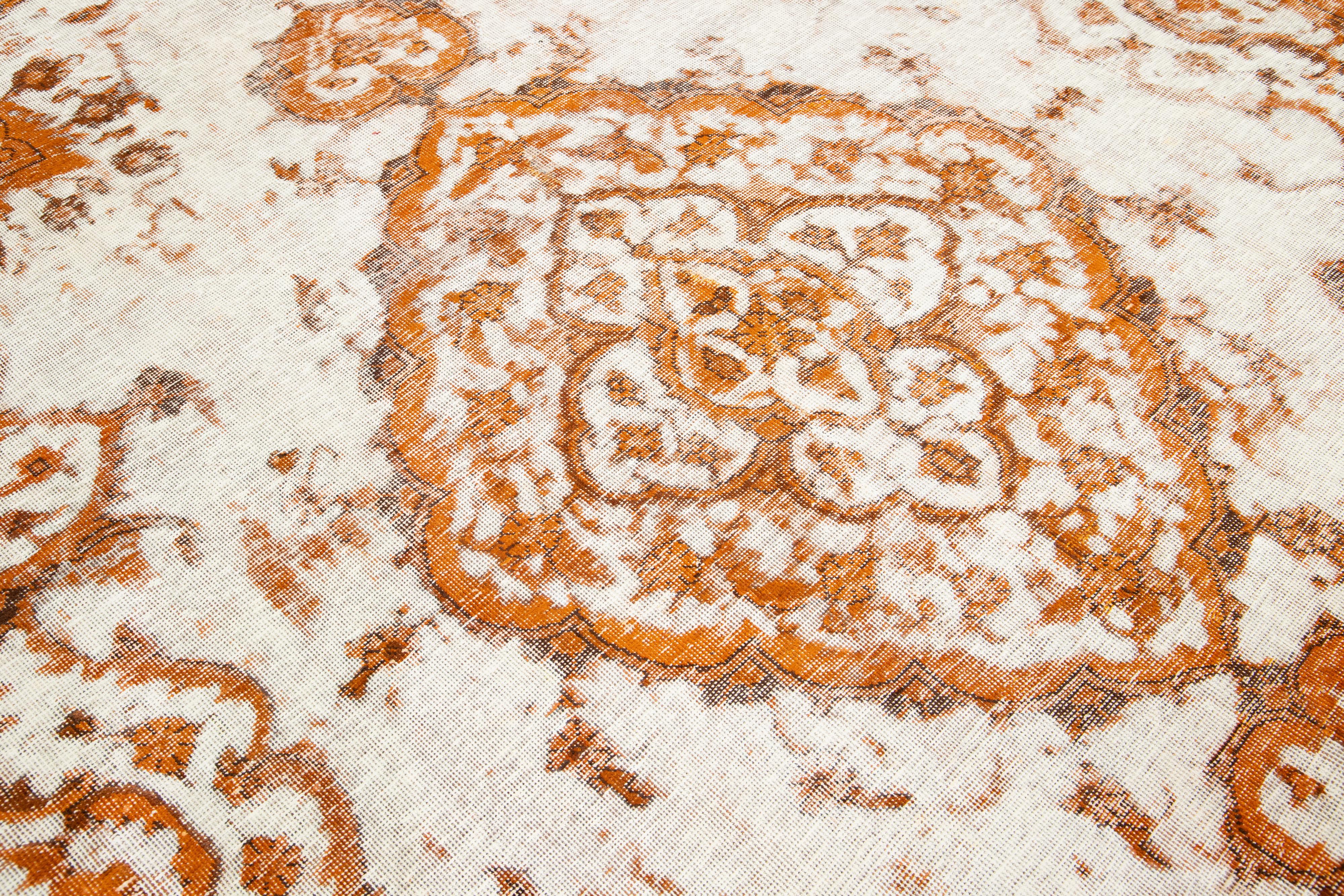  Overdyed Antique Orange Wool Rug With Medallion Motif For Sale 2