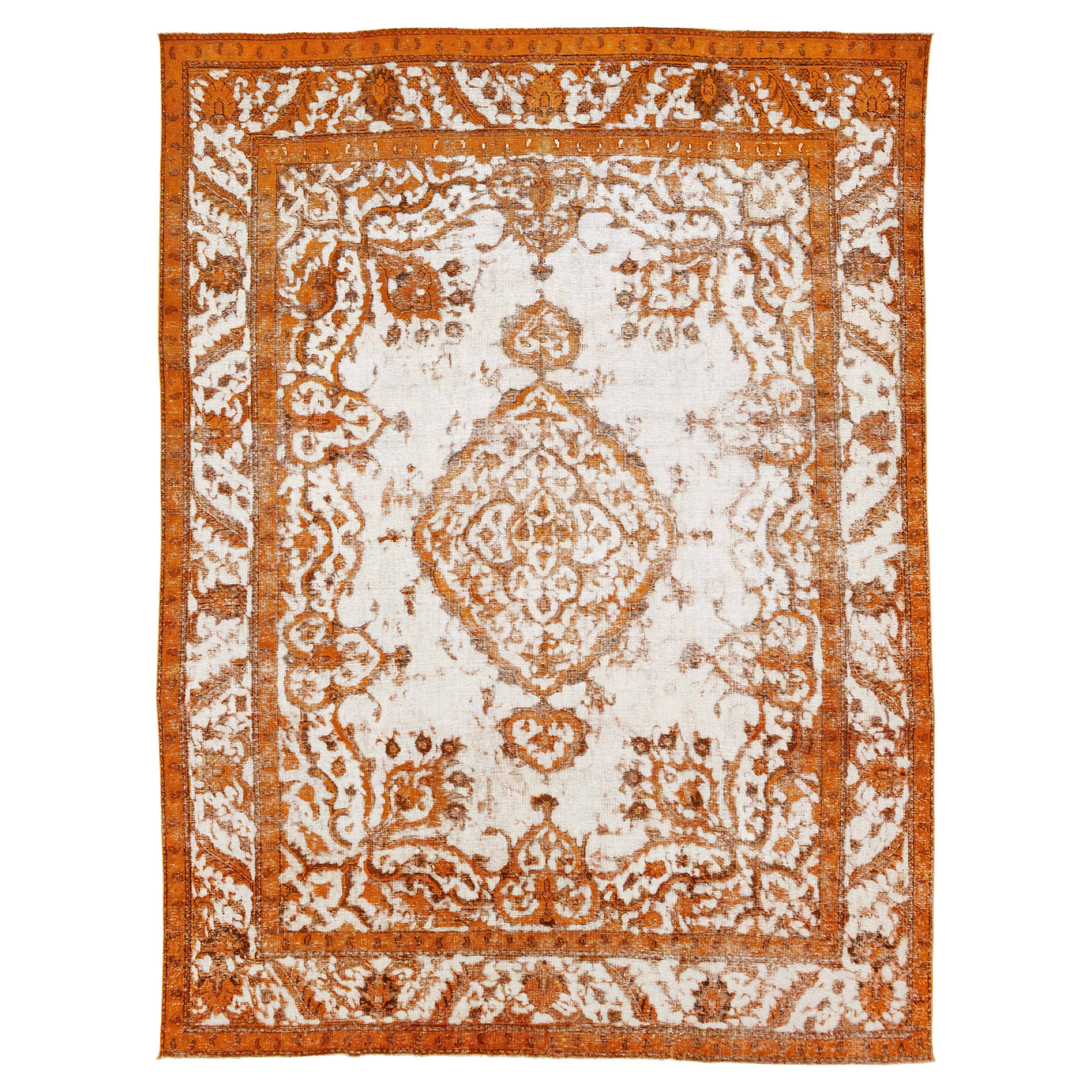  Overdyed Antique Orange Wool Rug With Medallion Motif For Sale