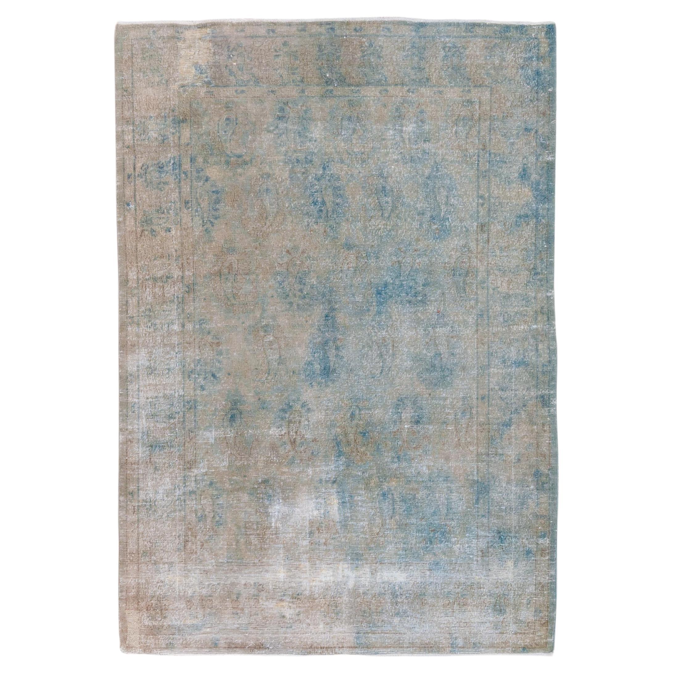 Overdyed Baby Blue Rusted Carpet in Allover - Tabriz 1930 For Sale