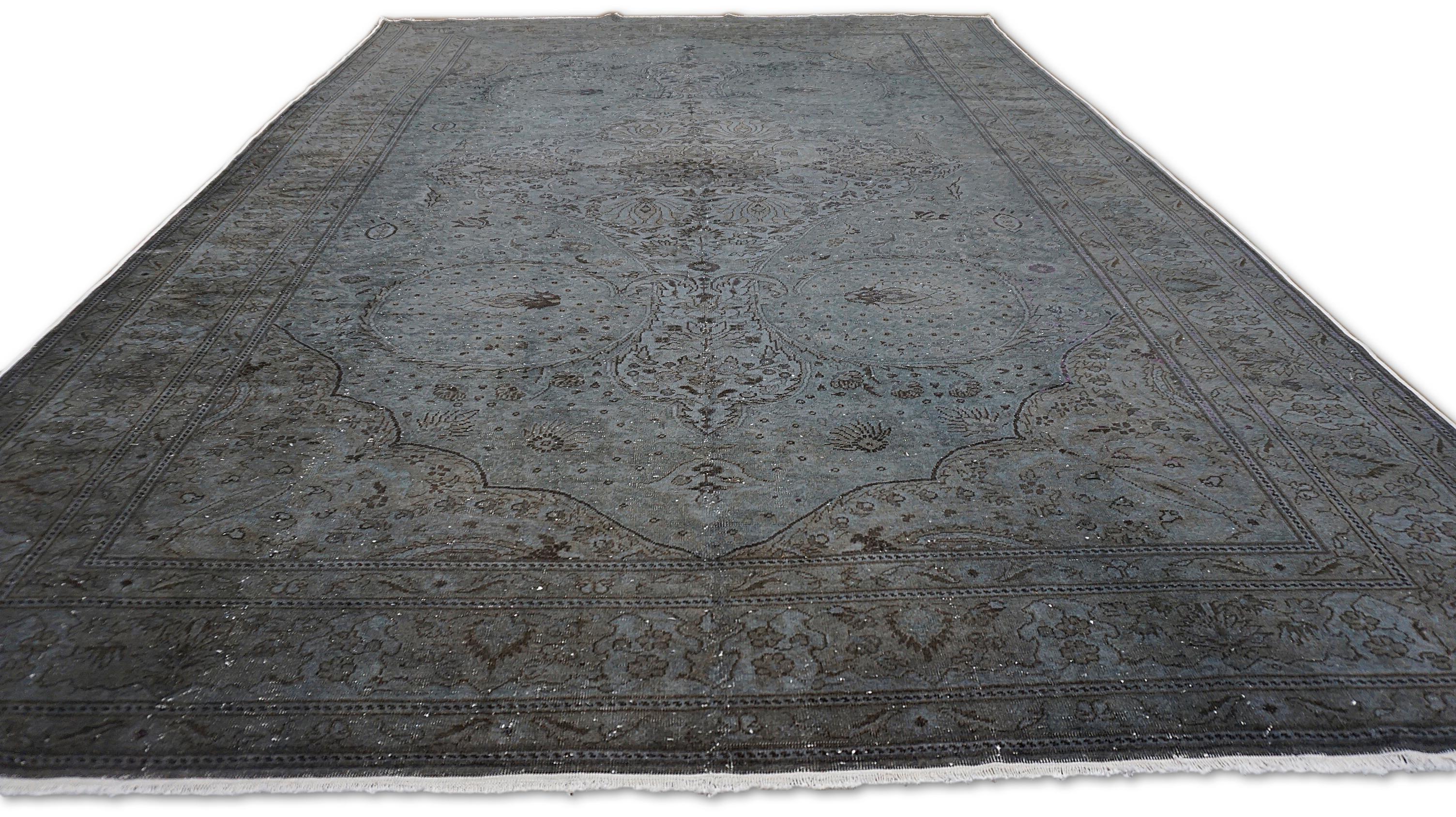 Tabriz Tappeto Vintage sovratinto blu-grigio e carbone 8'5''x12'3'' in vendita
