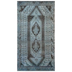 Overdyed Blue Sheared Low Persian Shiraz Clean Hand Knotted Rug