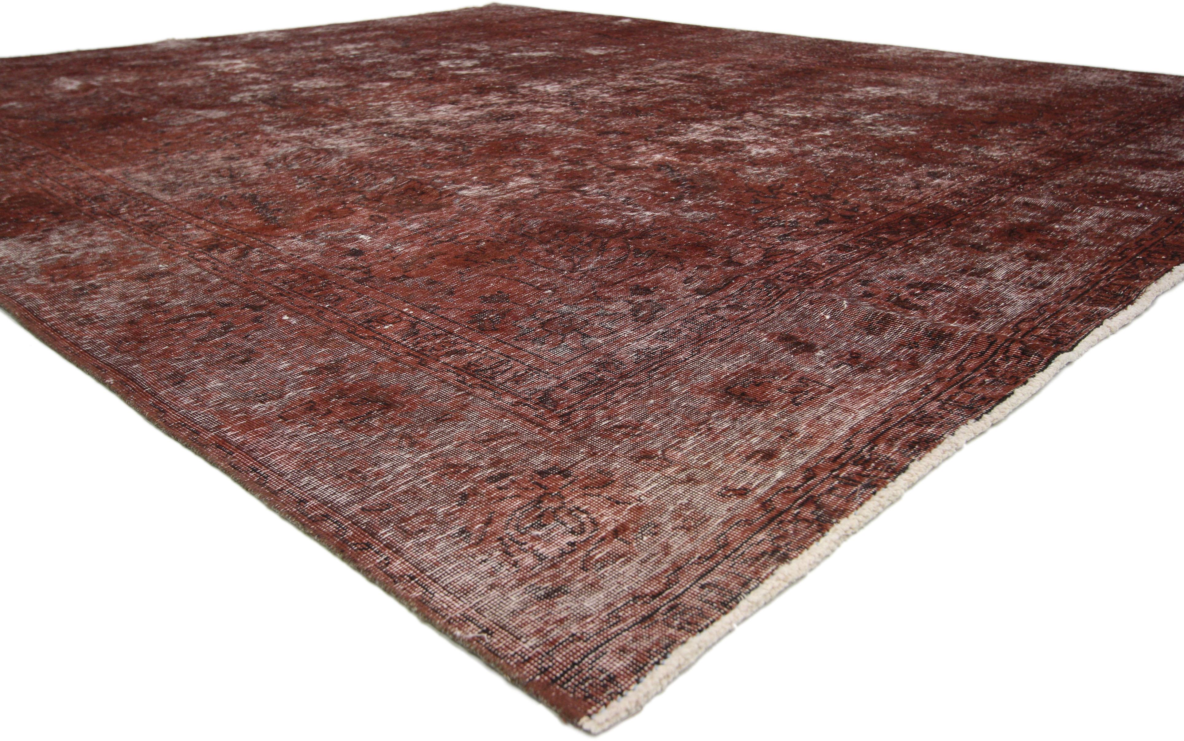 60667 Vintage Turkish Overdyed Rug, 09'00 x 10'08. 
In a captivating fusion of Rustic Spanish style and modern industrial vibes, behold the relaxed refinement of this hand-knotted wool distressed vintage Turkish overdyed area rug. Its intricate