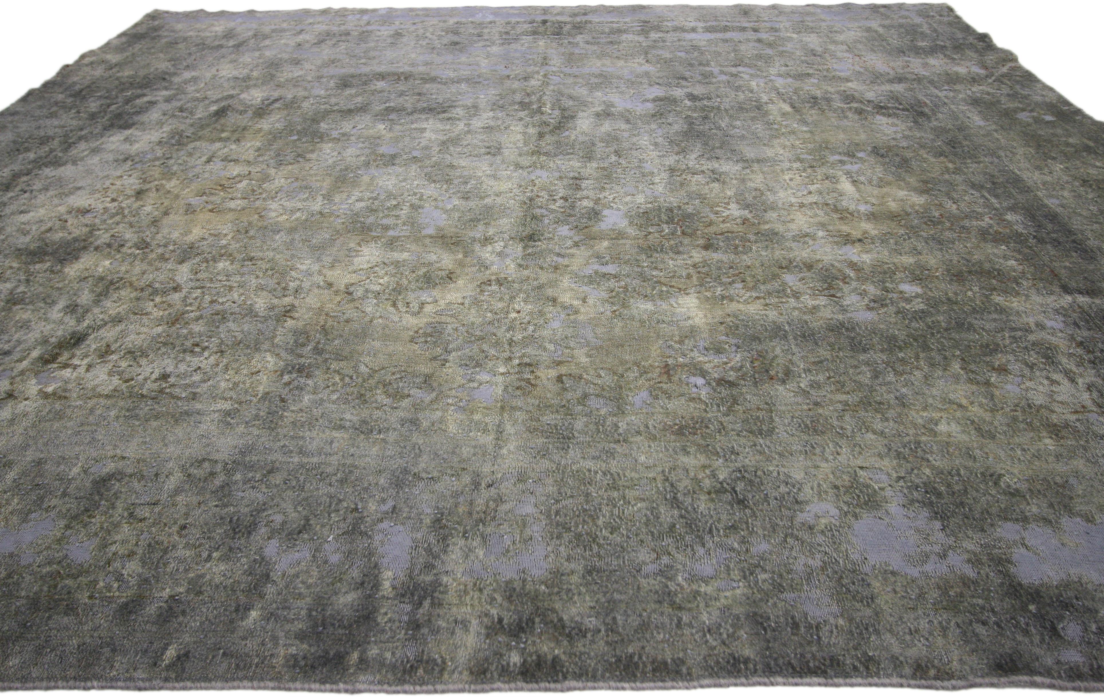 Hand-Knotted Overdyed Distressed Vintage Turkish Square Rug with Modern Industrial Style