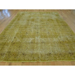 Overdyed Gold Persian Tabriz Worn Down Handmade Oriental Rug
