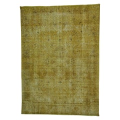 Overdyed Gold Persian Tabriz Worn Down Handmade Oriental Rug