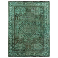Overdyed Green Persian Qashqai Sheared Low Clean Hand Knotted Rug