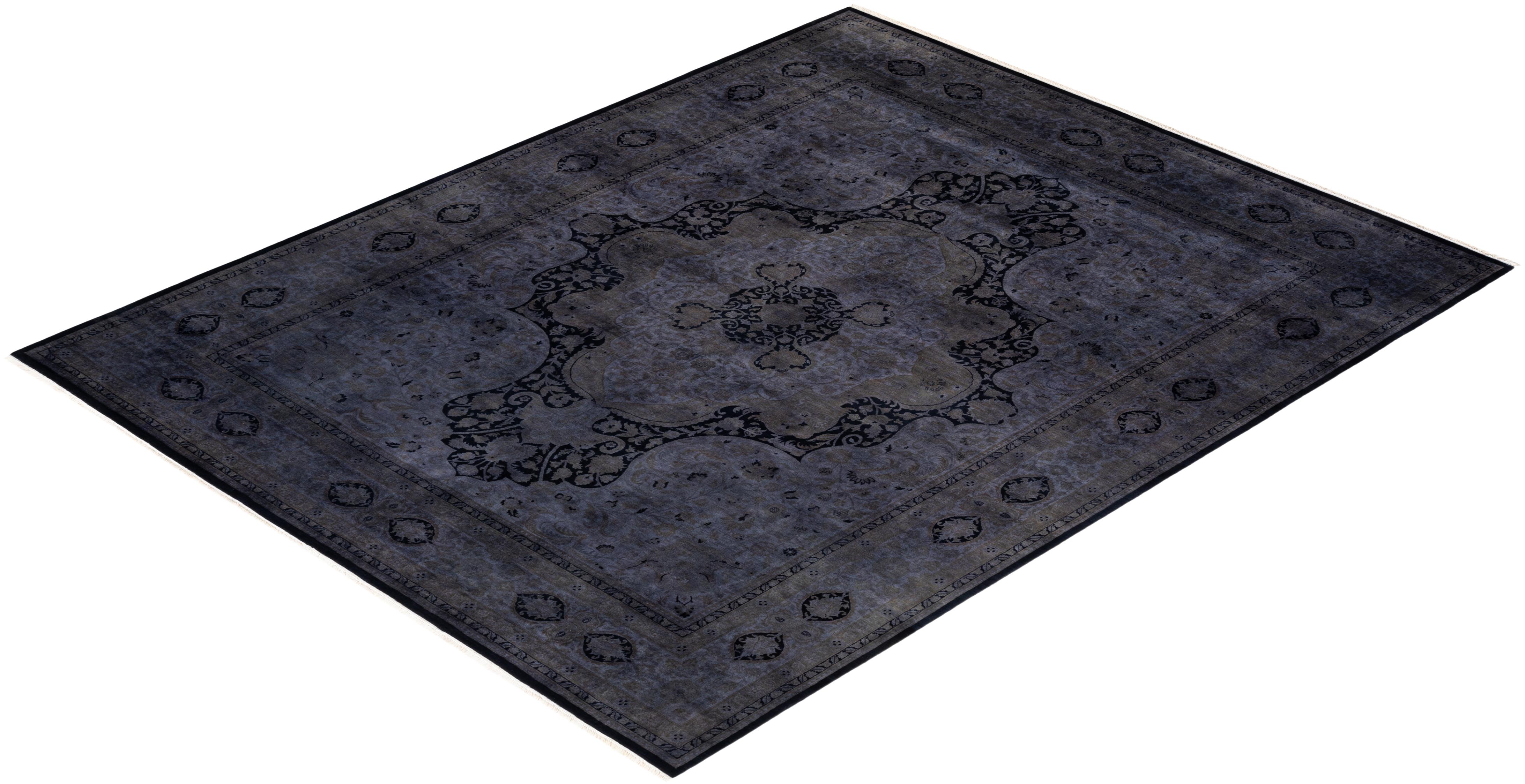 Overdyed Hand Knotted Wool Black Area Rug For Sale 3