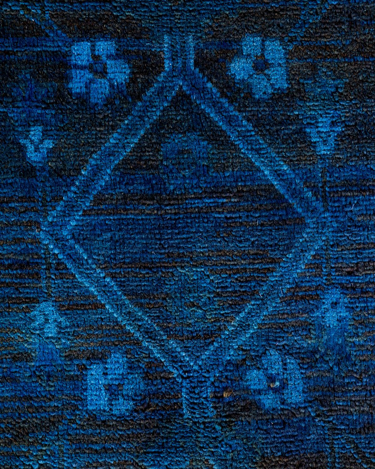 Pakistani Overdyed Hand Knotted Wool Blue Area Rug For Sale