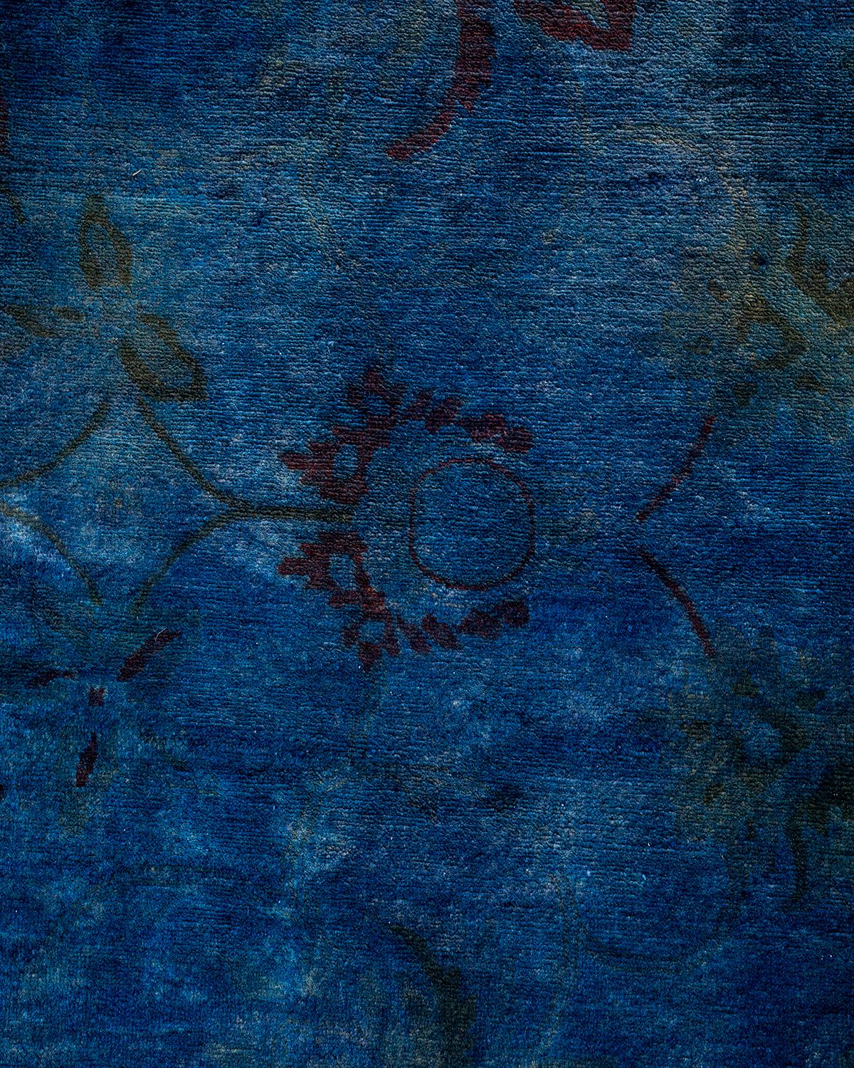 Pakistani Overdyed Hand Knotted Wool Blue Area Rug For Sale