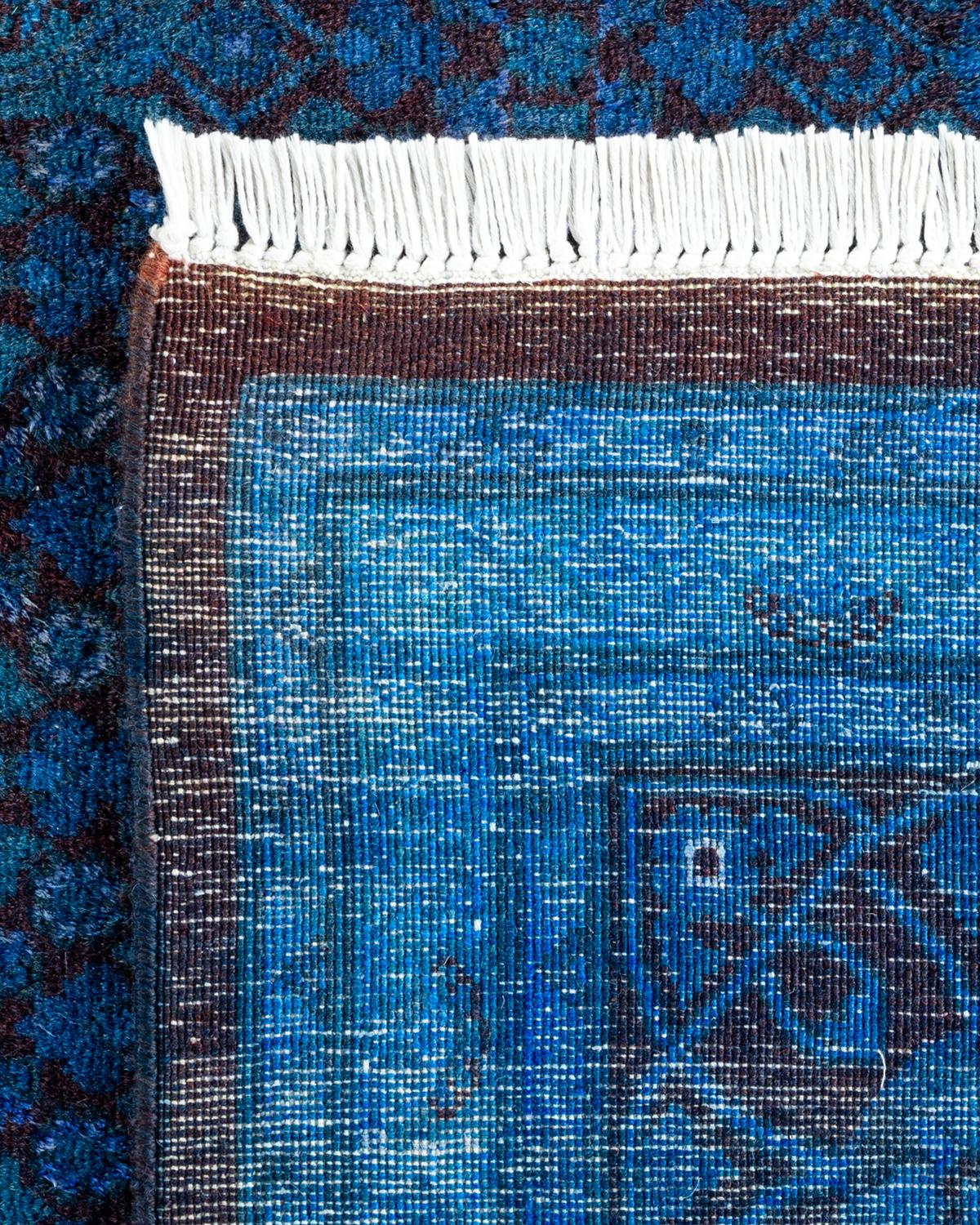 Contemporary Overdyed Hand Knotted Wool Blue Area Rug For Sale