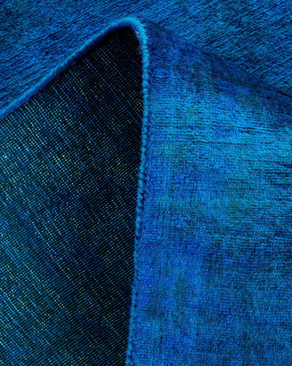Overdyed Hand Knotted Wool Blue Area Rug For Sale 1