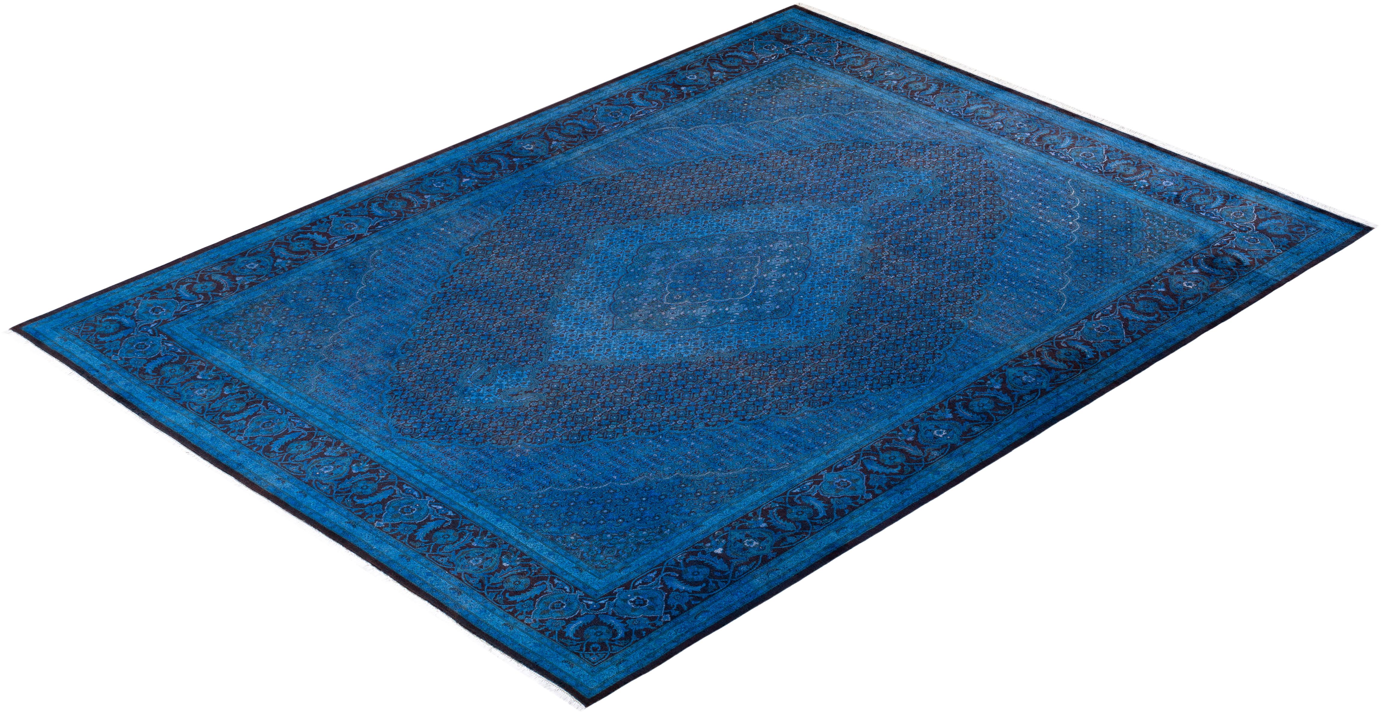 Overdyed Hand Knotted Wool Blue Area Rug For Sale 3