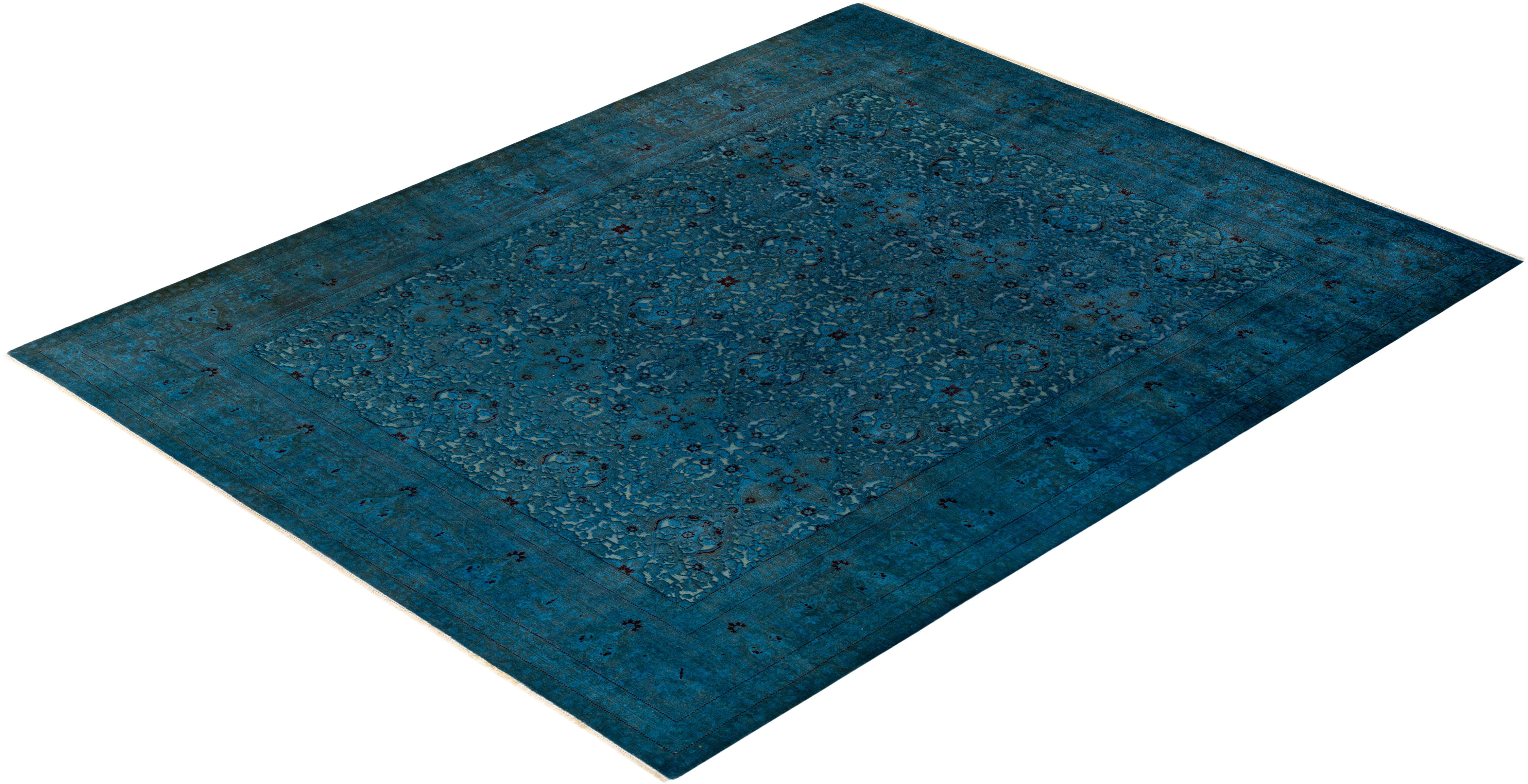 Overdyed Hand Knotted Wool Blue Area Rug For Sale 3