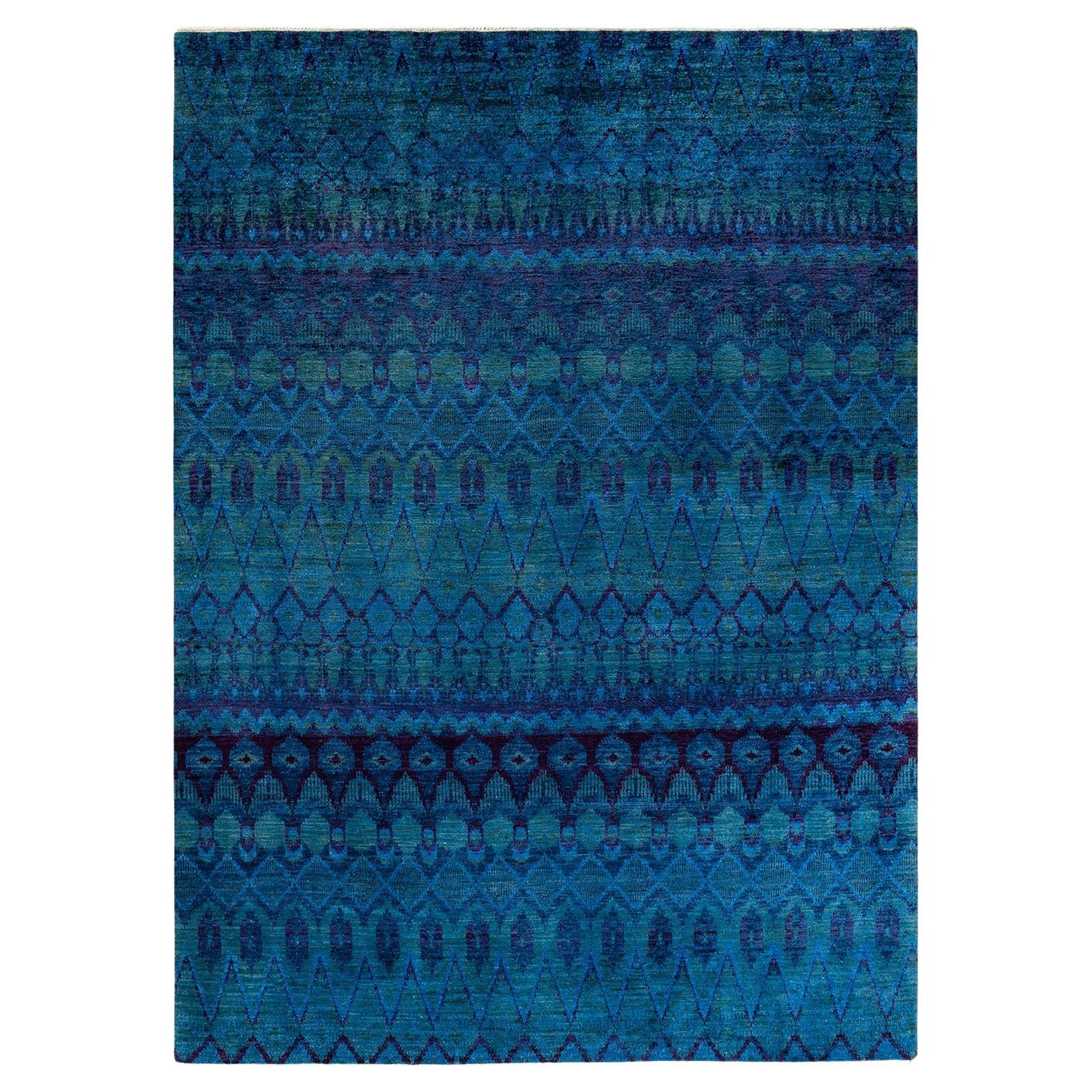 Overdyed Hand Knotted Wool Blue Area Rug For Sale