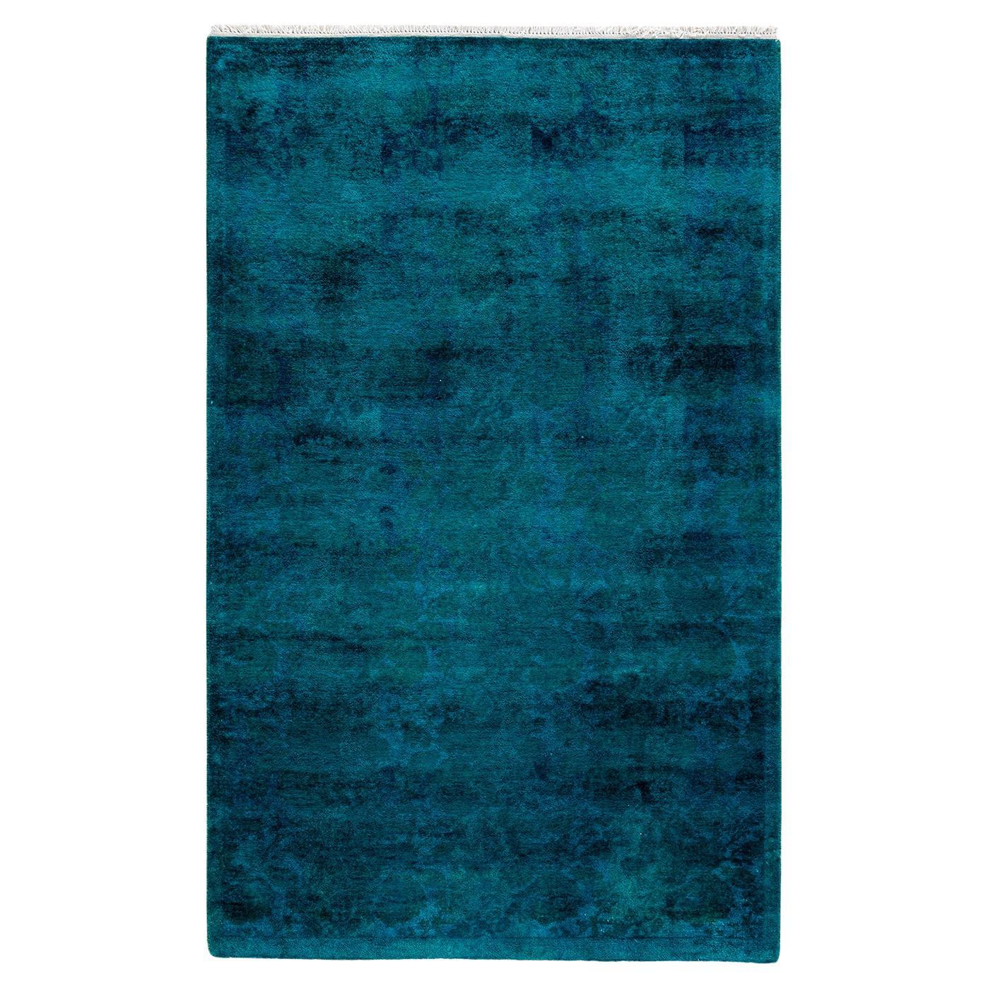 Overdyed Hand Knotted Wool Blue Area Rug For Sale