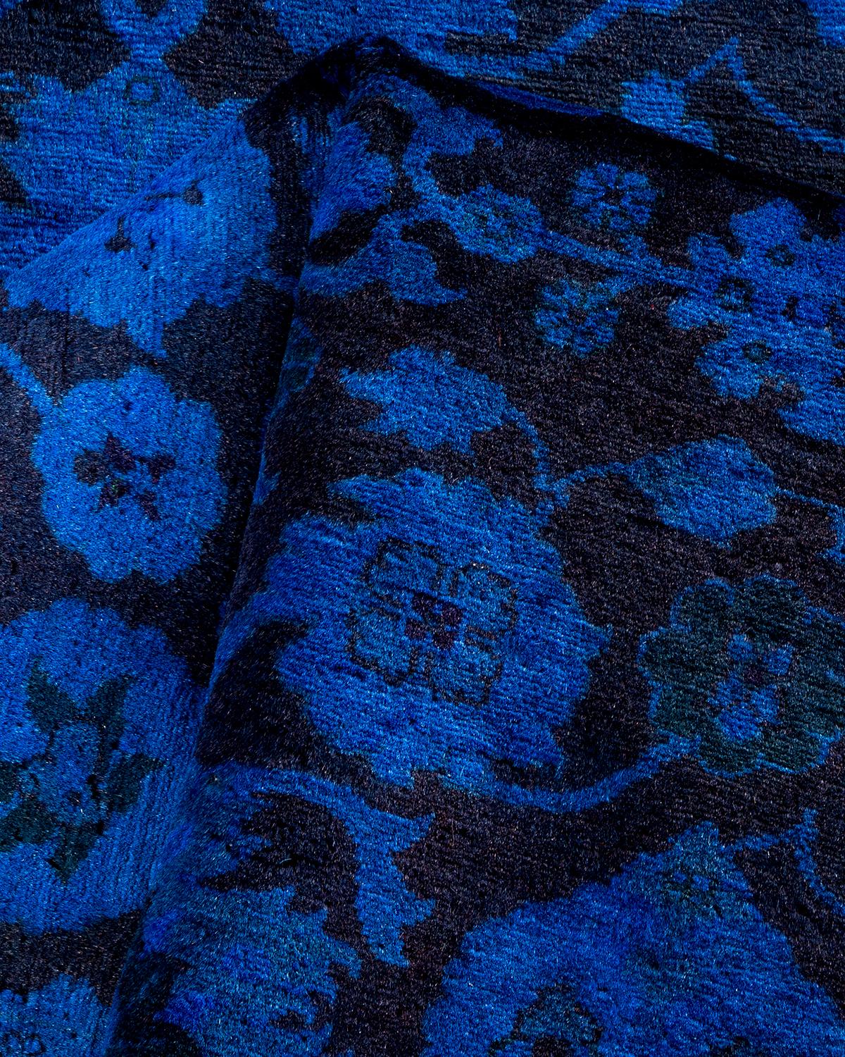 Overdyed Hand Knotted Wool Blue Läufer im Angebot 1