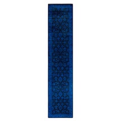 Overdyed Hand Knotted Wool Blue Runner