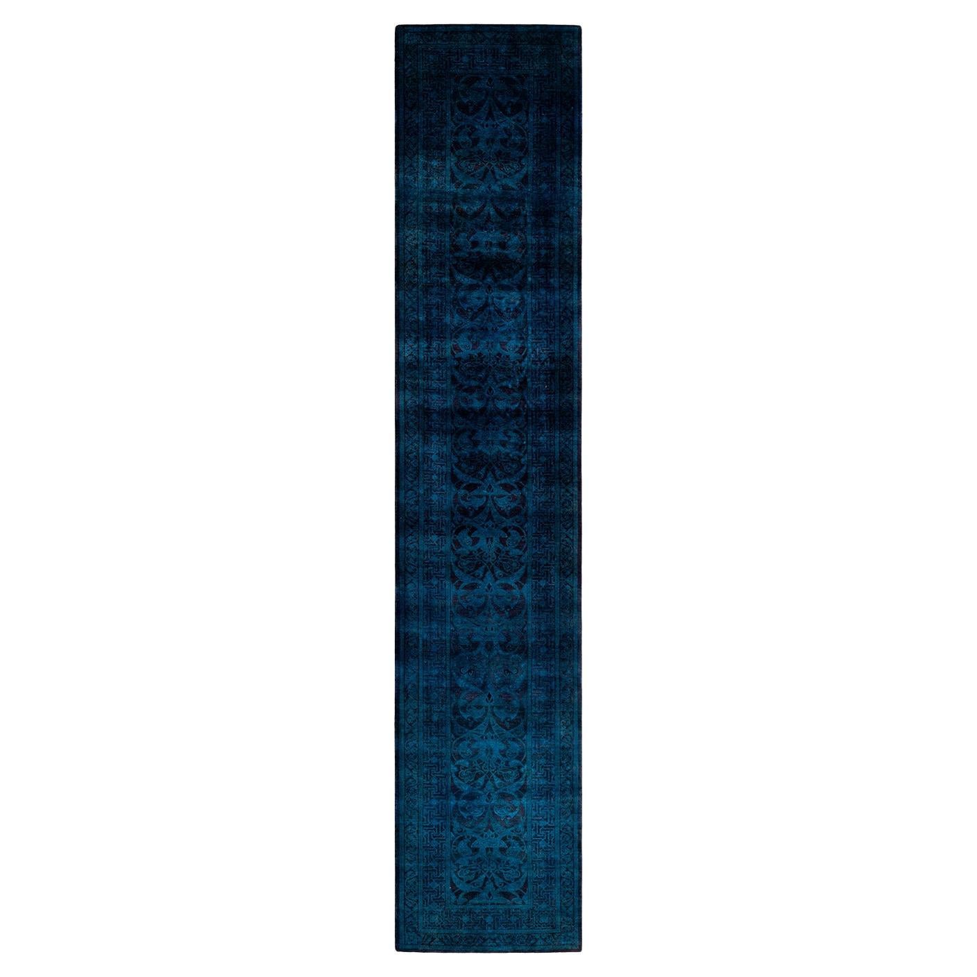 Overdyed Hand Knotted Wool Blue Runner For Sale