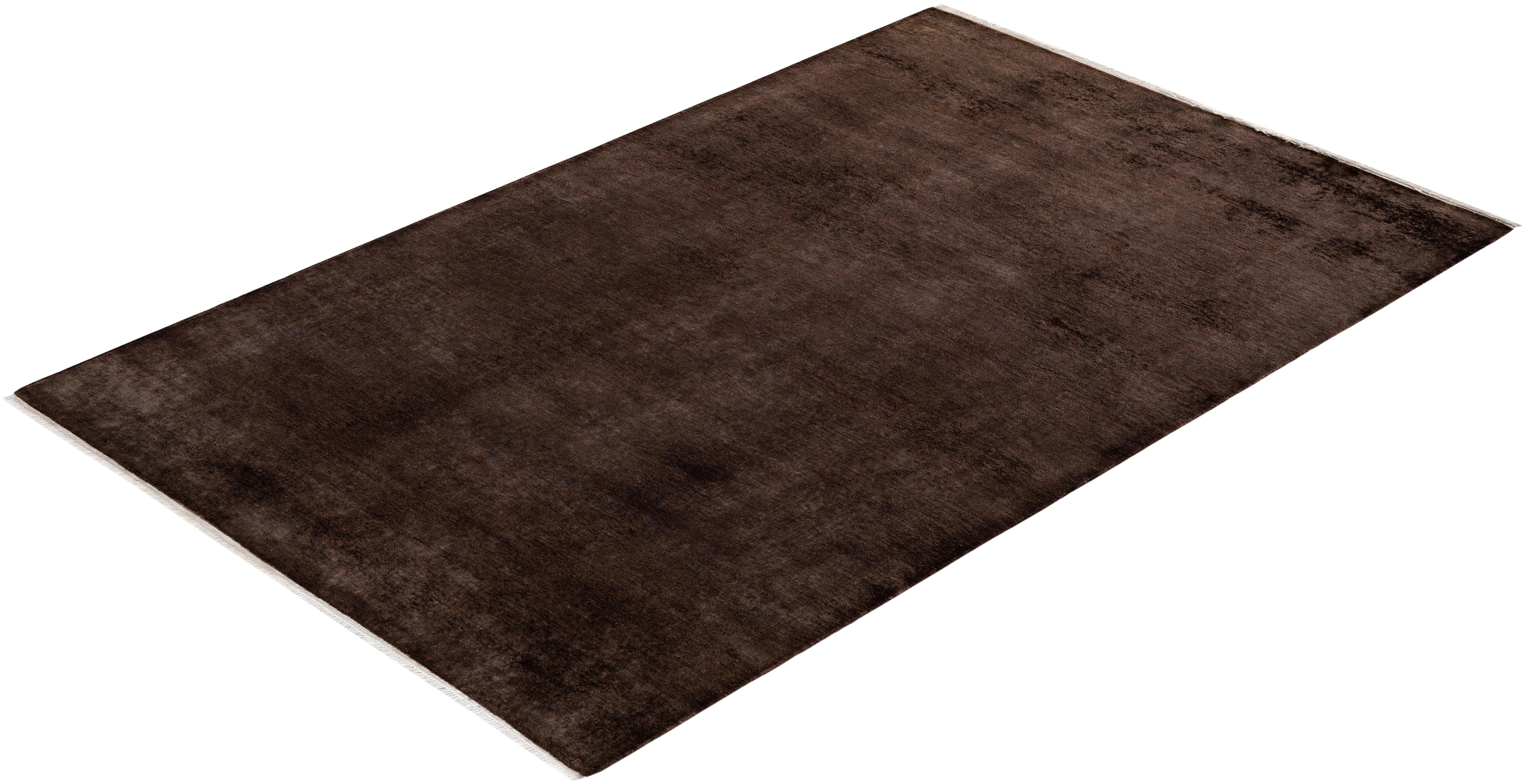 Overdyed Hand Knotted Wool Brown Area Rug For Sale 3