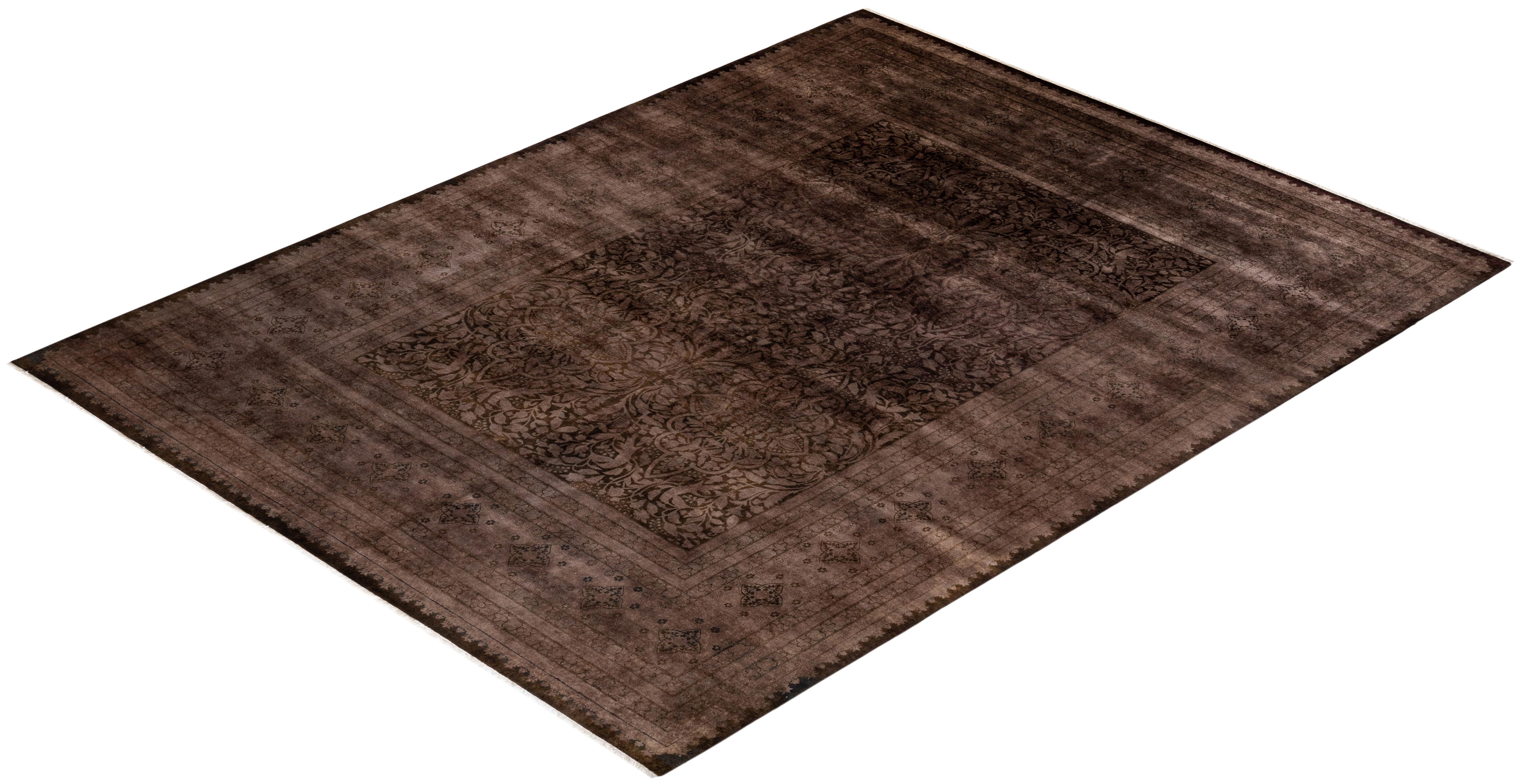 Overdyed Hand Knotted Wool Brown Area Rug For Sale 3