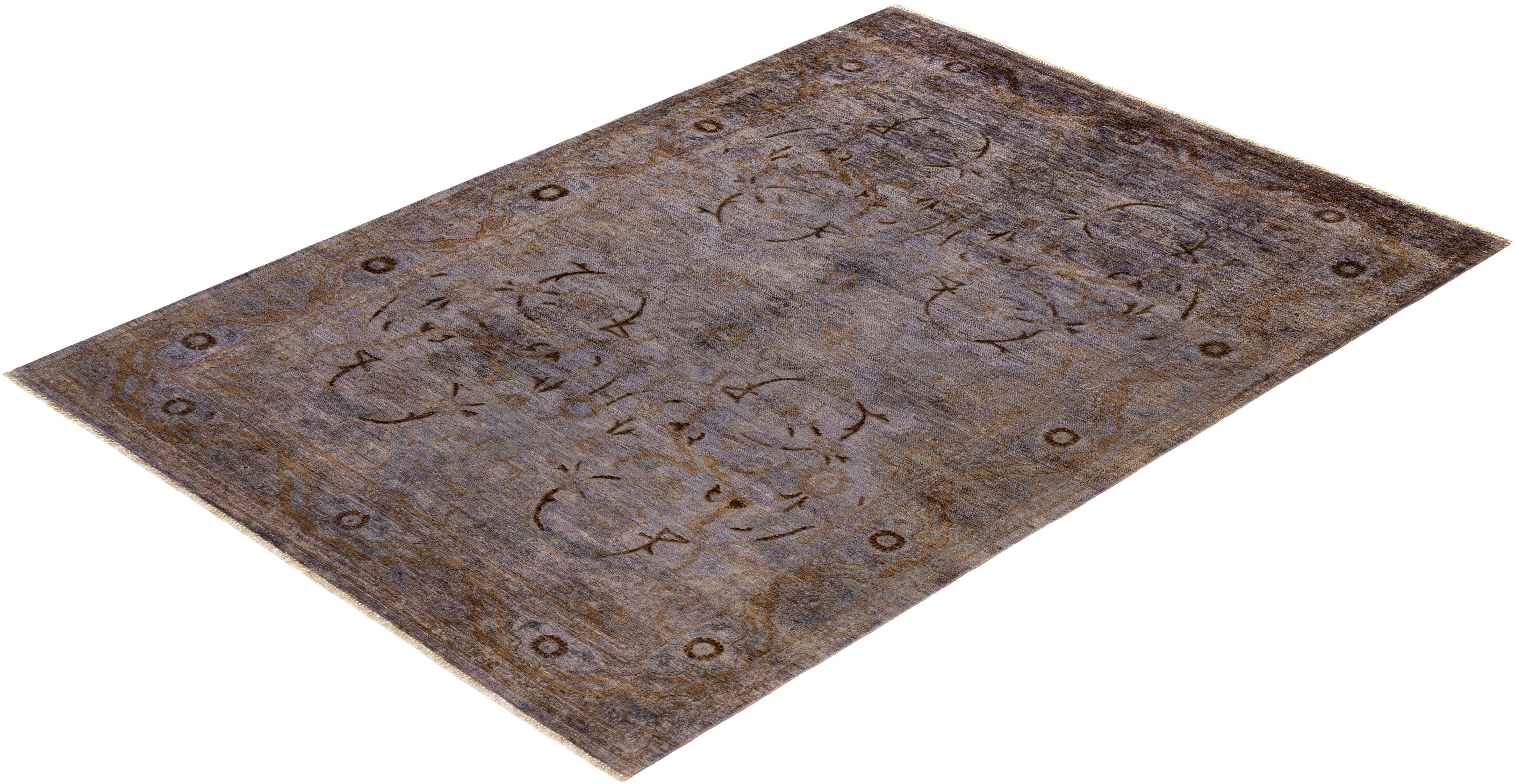 Overdyed Hand Knotted Wool Brown Area Rug For Sale 3