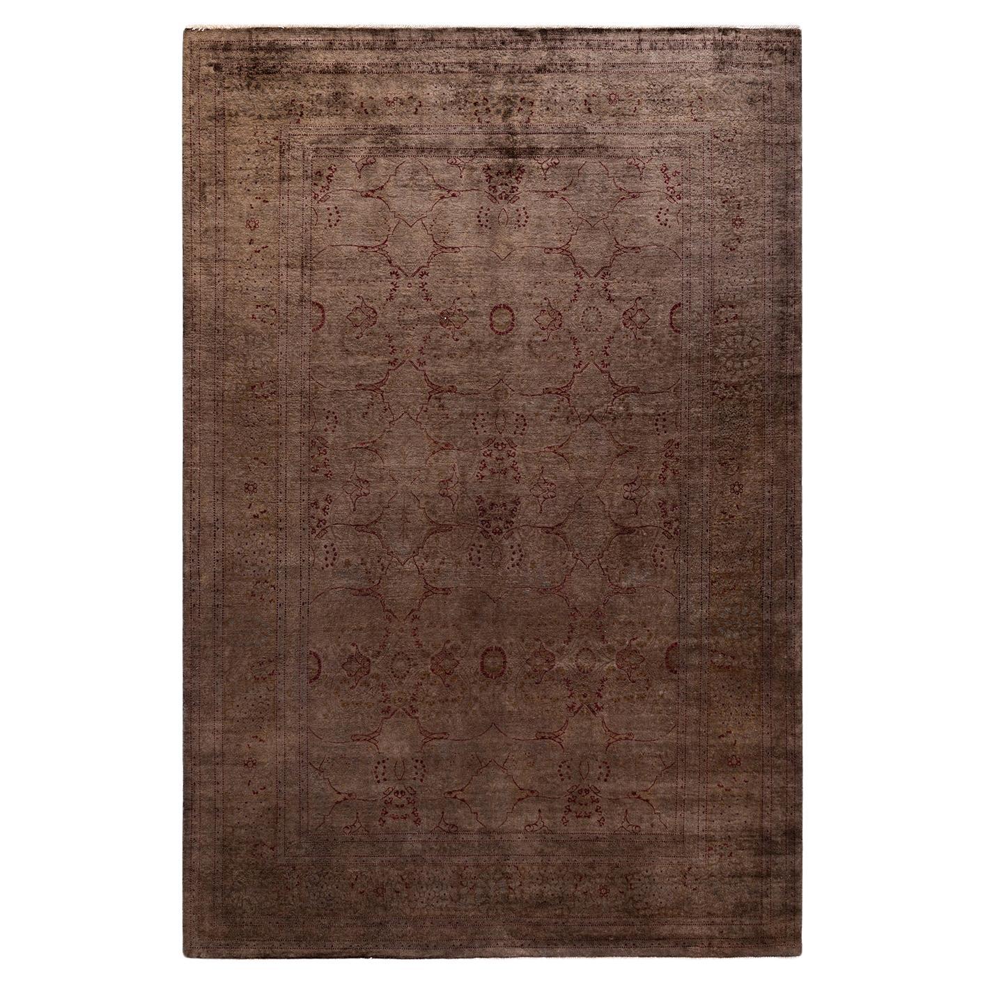 Overdyed Hand Knotted Wool Brown Area Rug For Sale