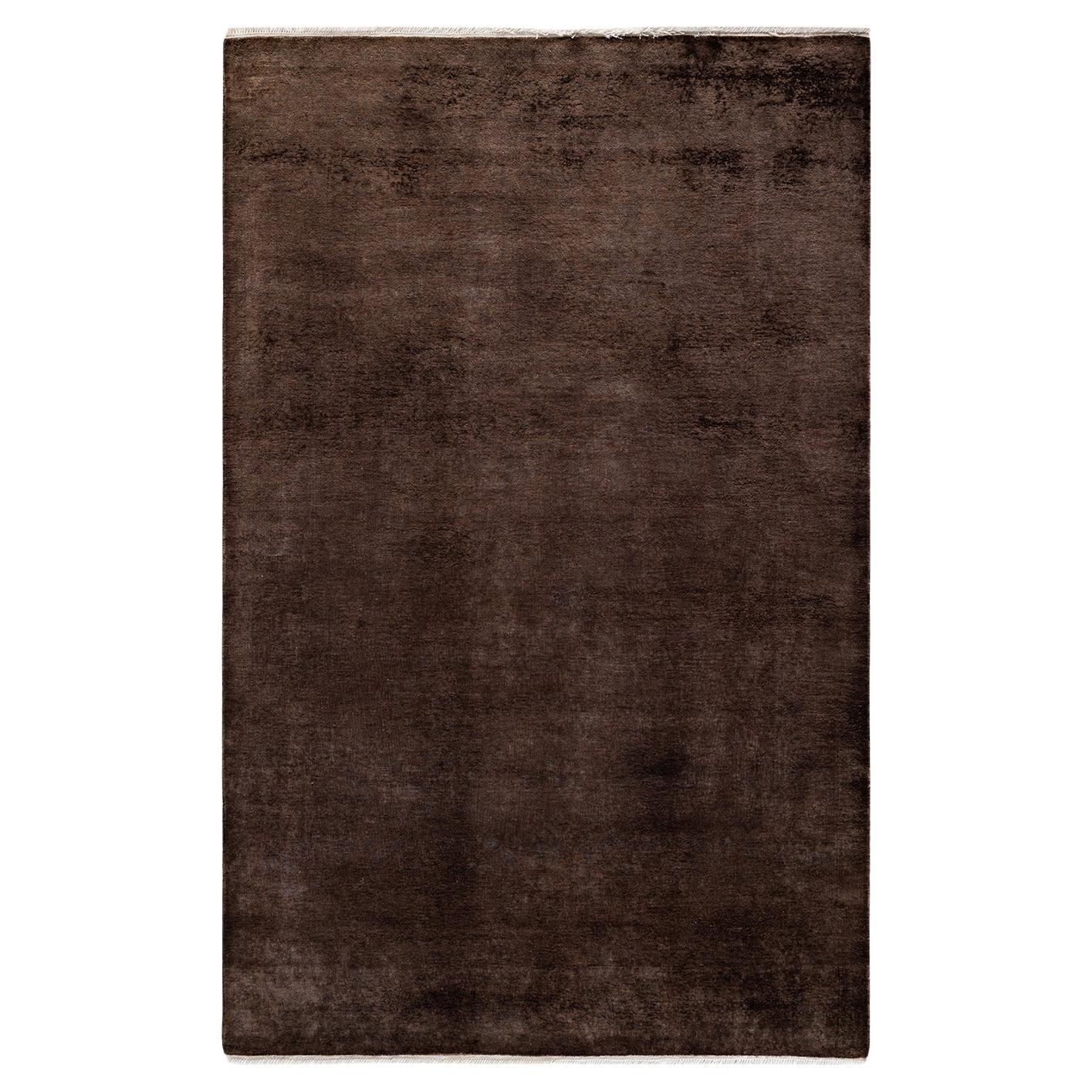 Overdyed Hand Knotted Wool Brown Area Rug For Sale