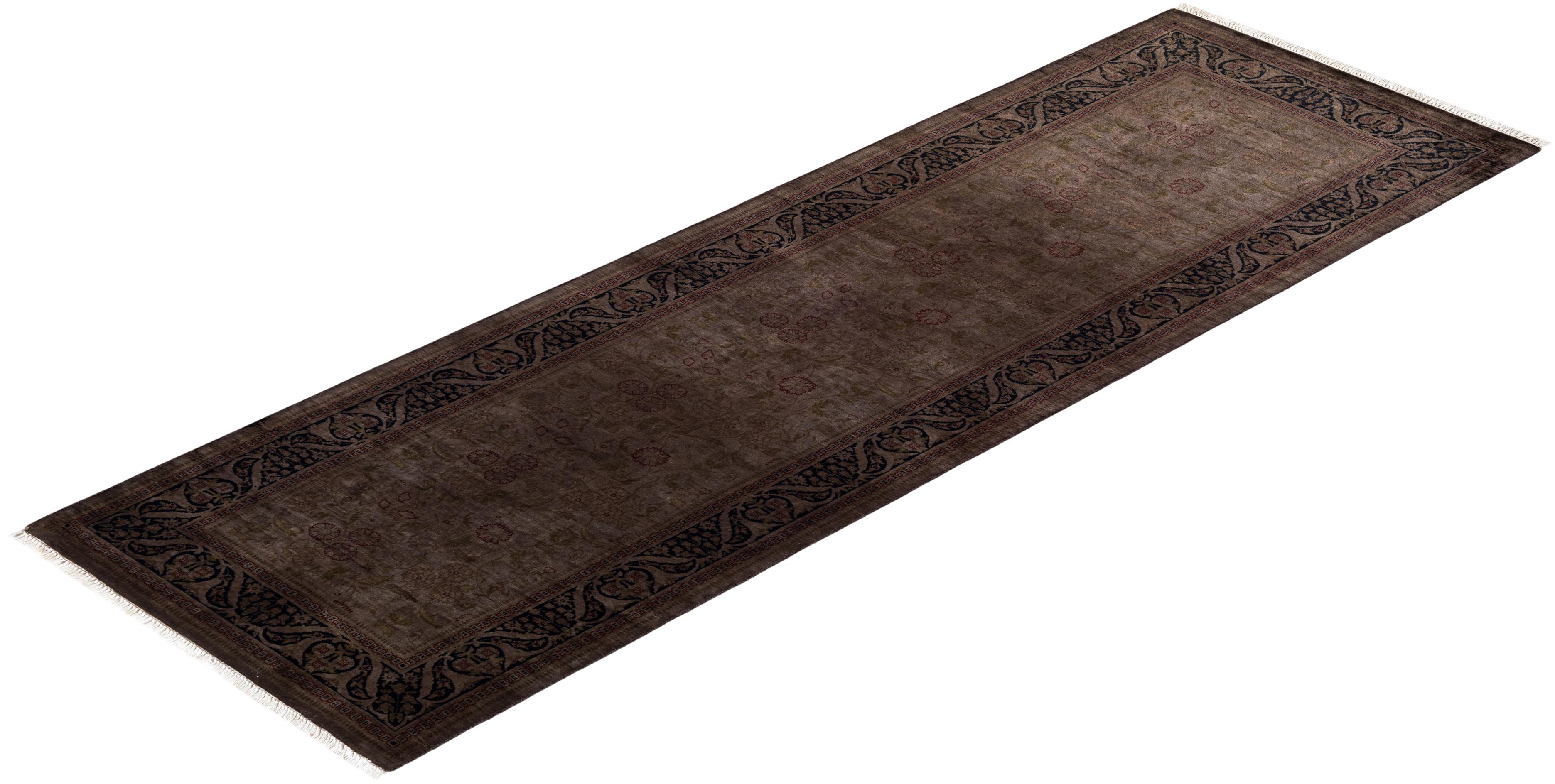 Overdyed Hand Knotted Wool Brown Runner For Sale 3