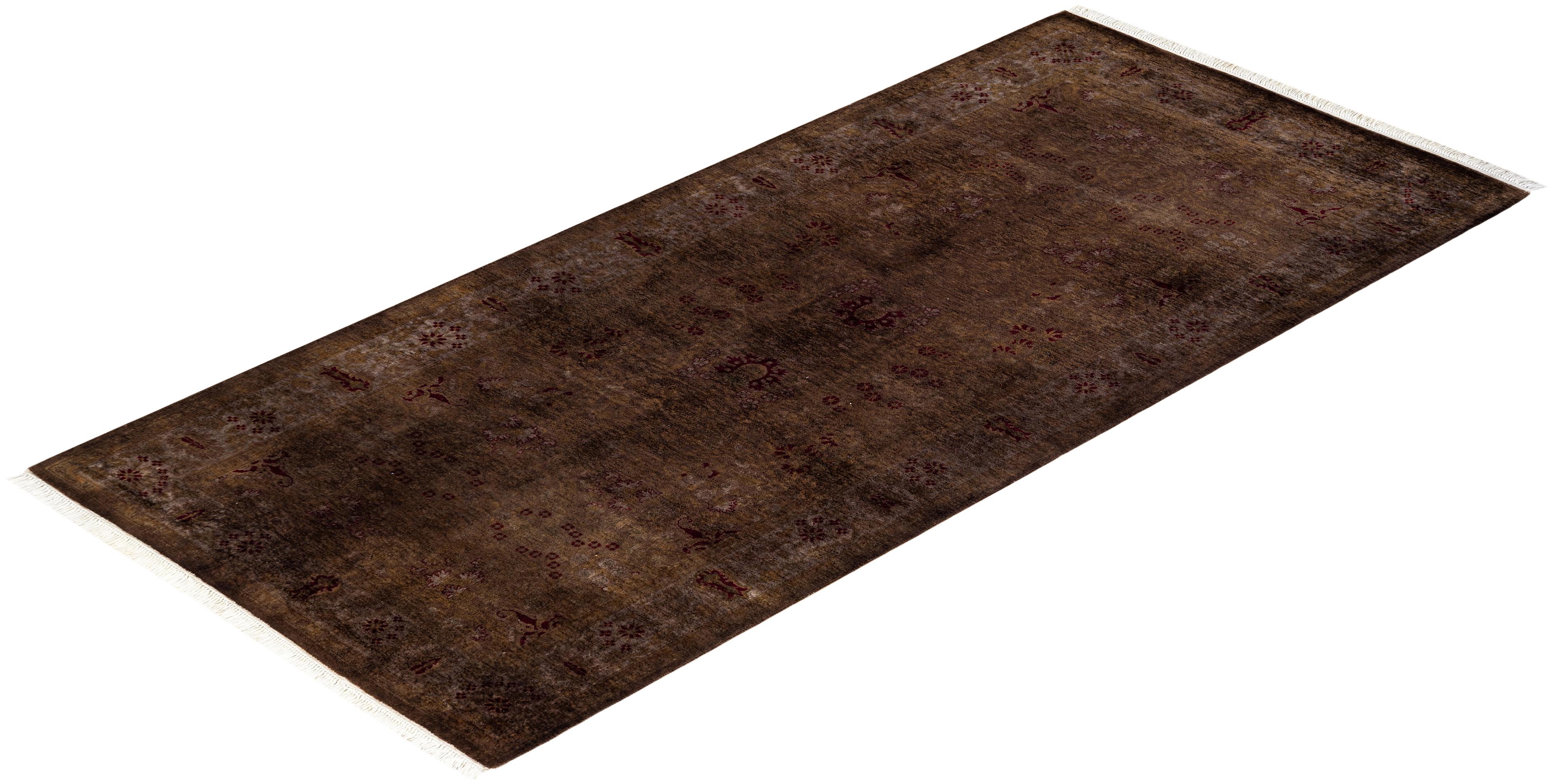 Overdyed Hand Knotted Wool Brown Runner For Sale 3