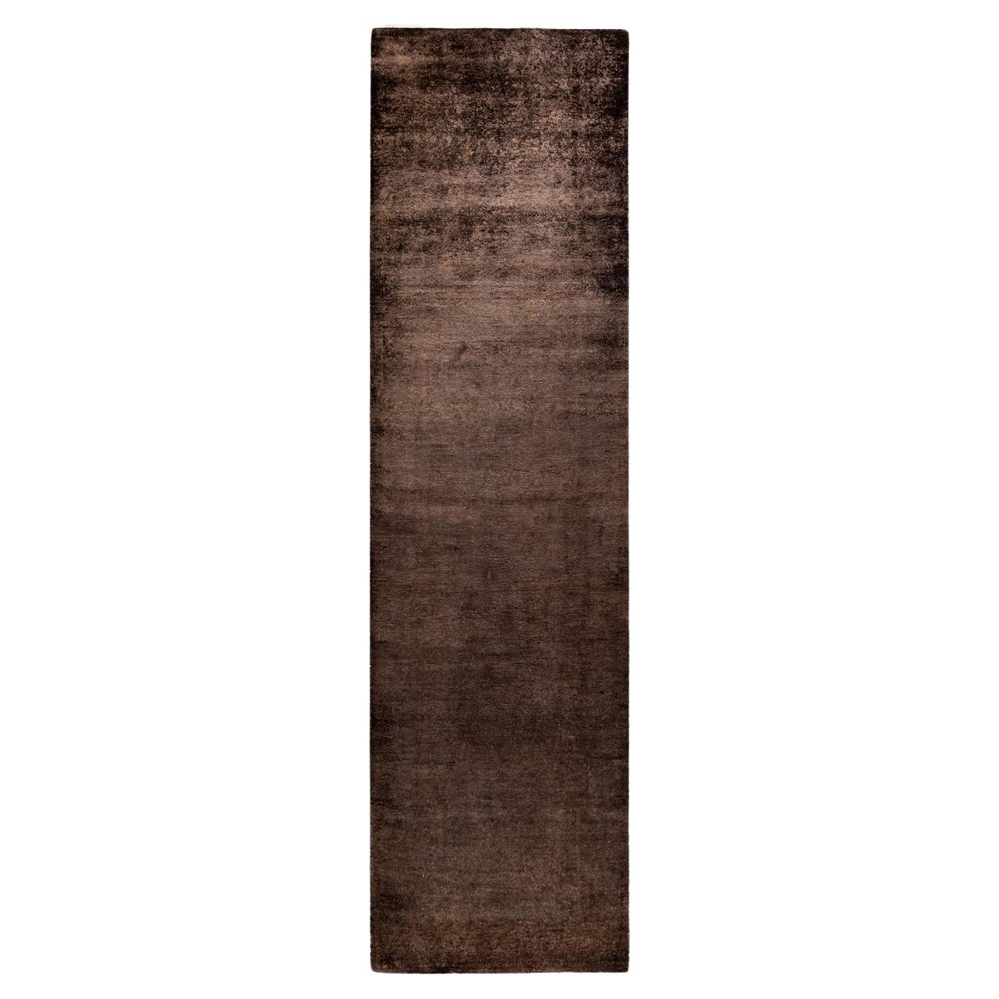 Overdyed Hand Knotted Wool Brown Runner For Sale