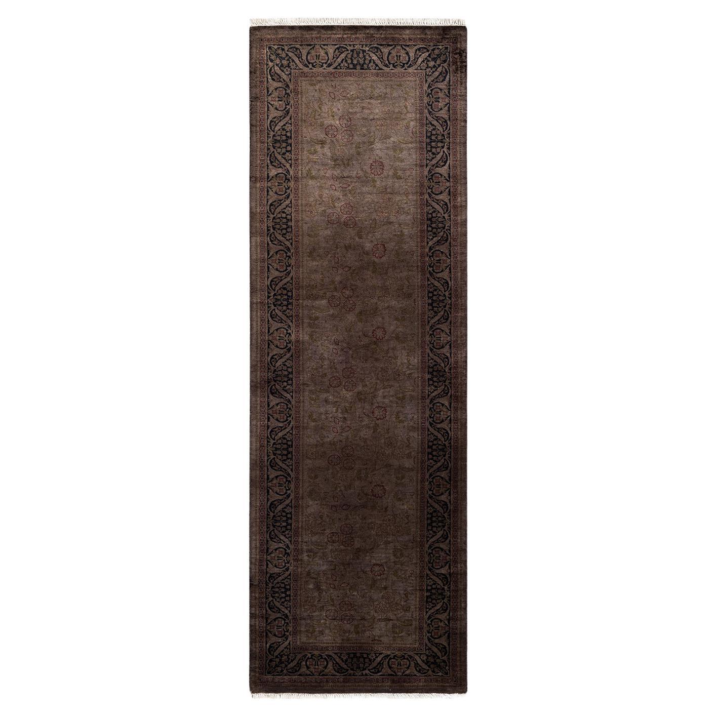 Overdyed Hand Knotted Wool Brown Runner For Sale