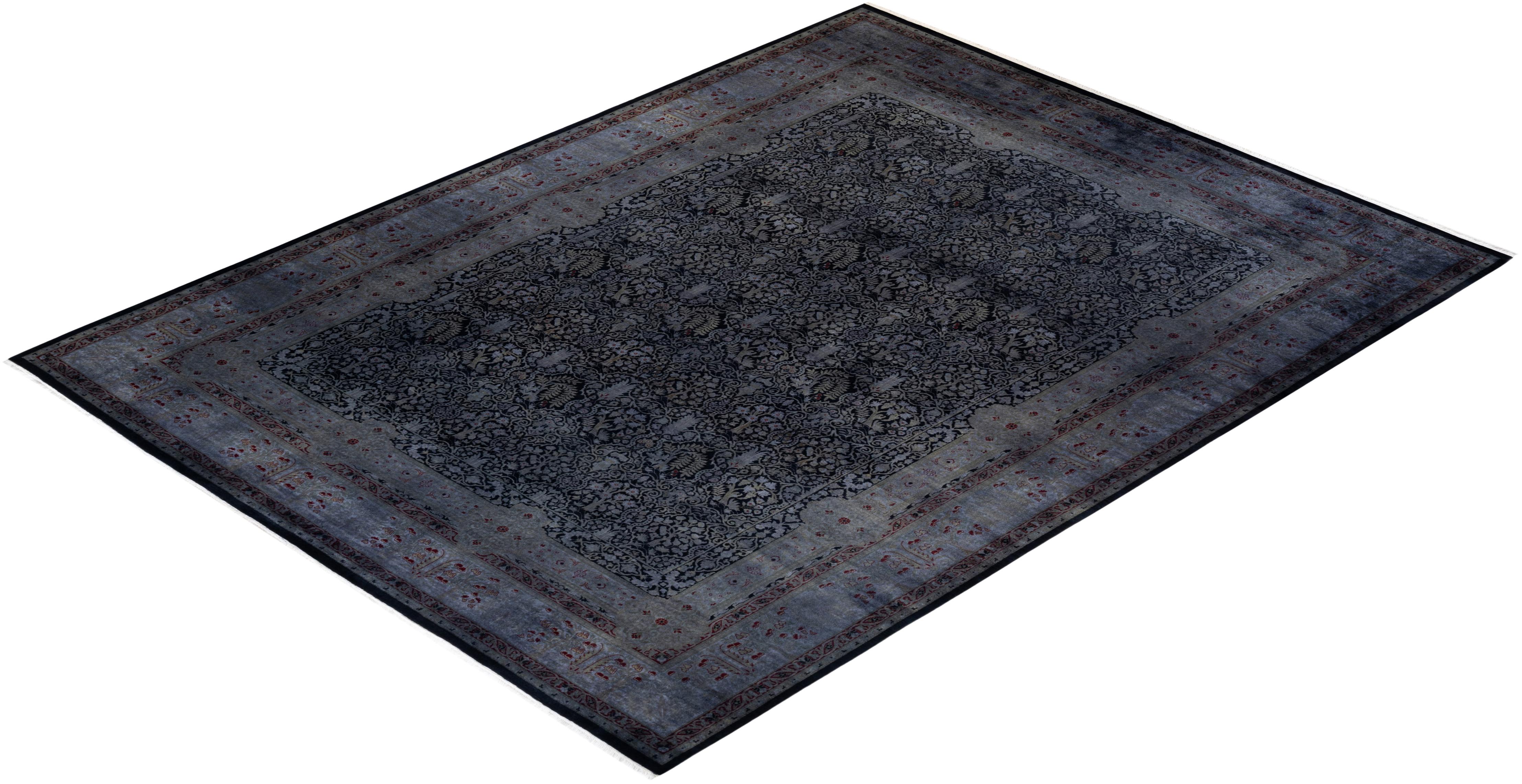 Overdyed Hand Knotted Wool Gray Area Rug For Sale 3