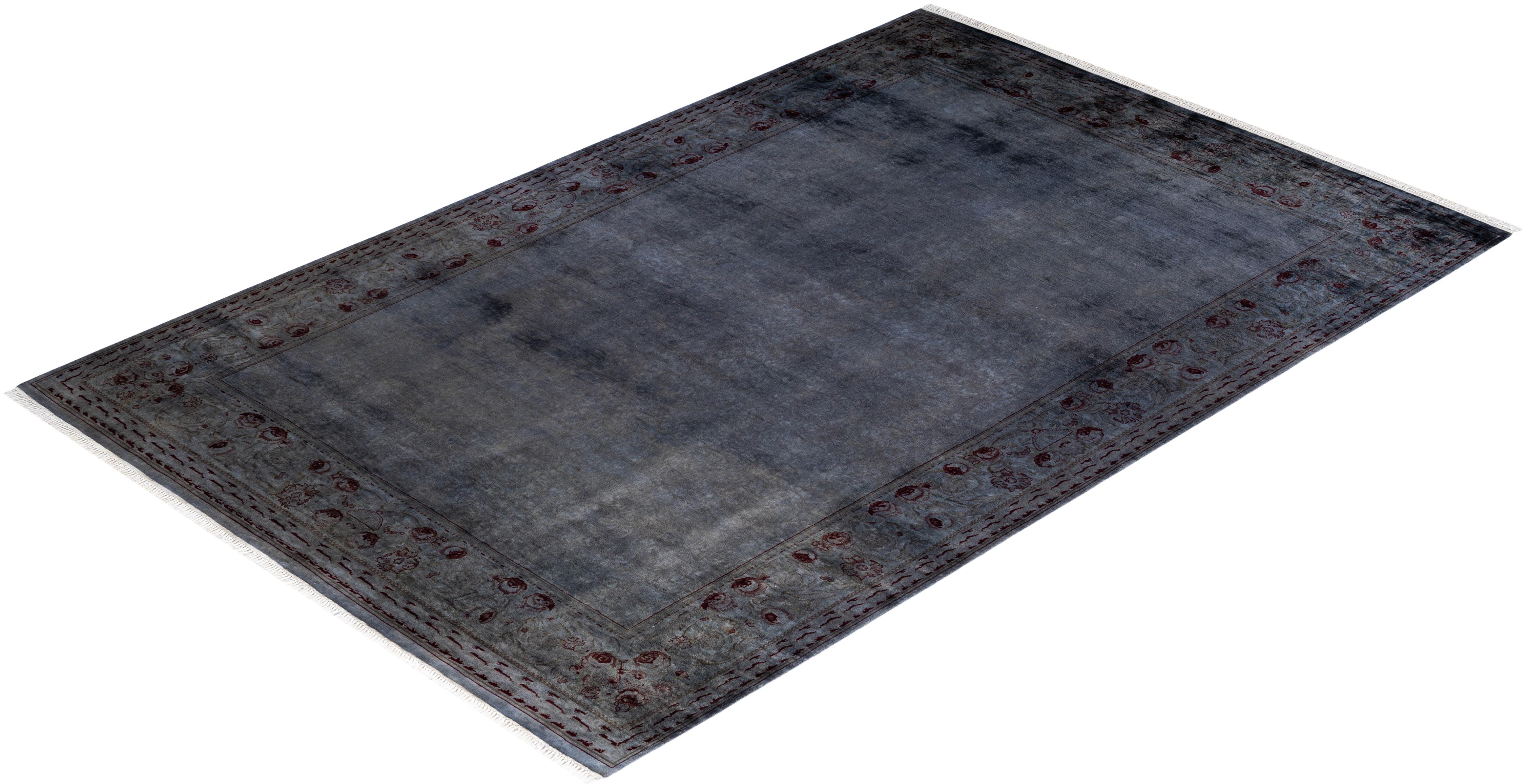 Overdyed Hand Knotted Wool Gray Area Rug For Sale 3