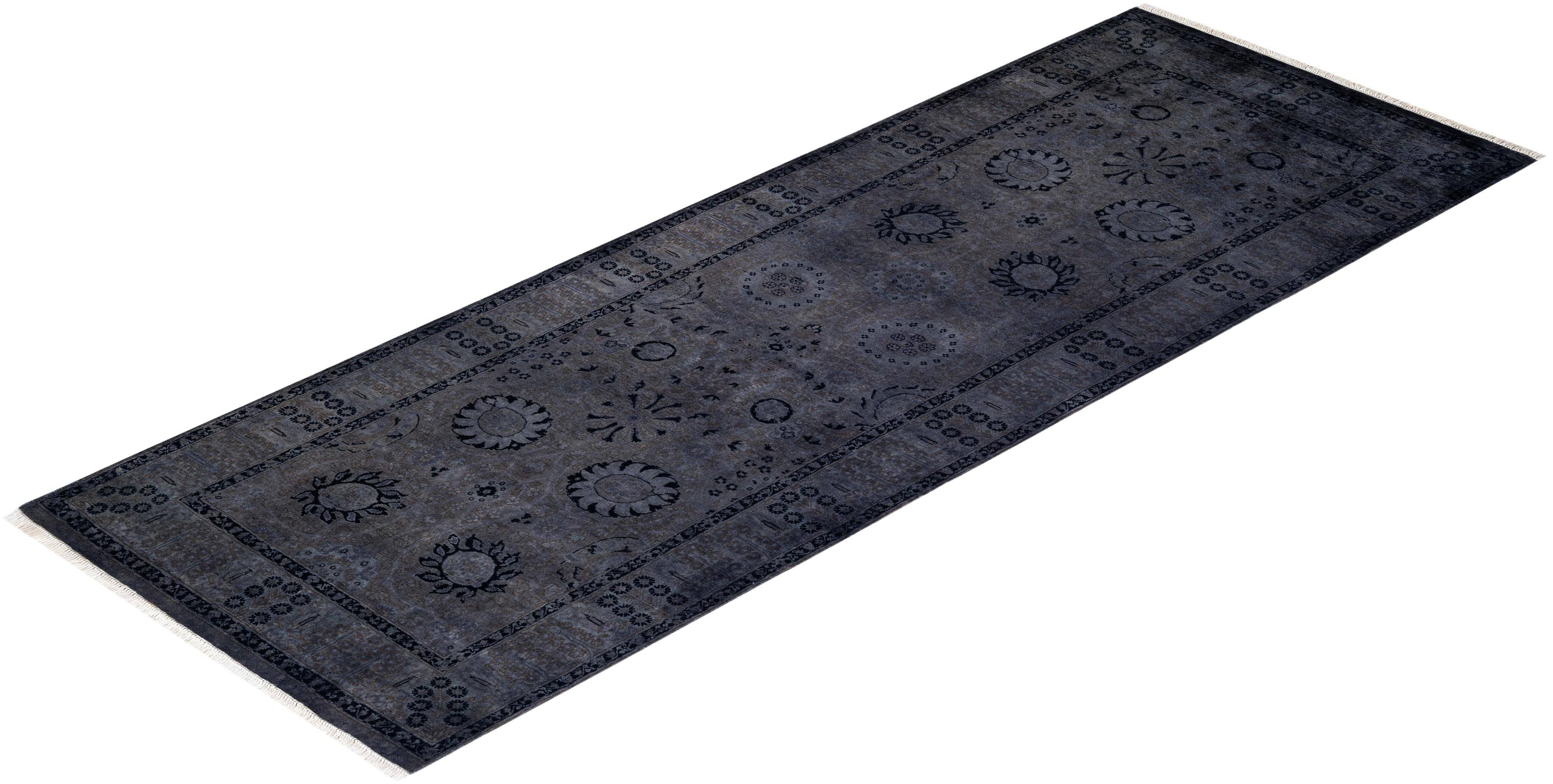Overdyed Hand Knotted Wool Gray Runner For Sale 3