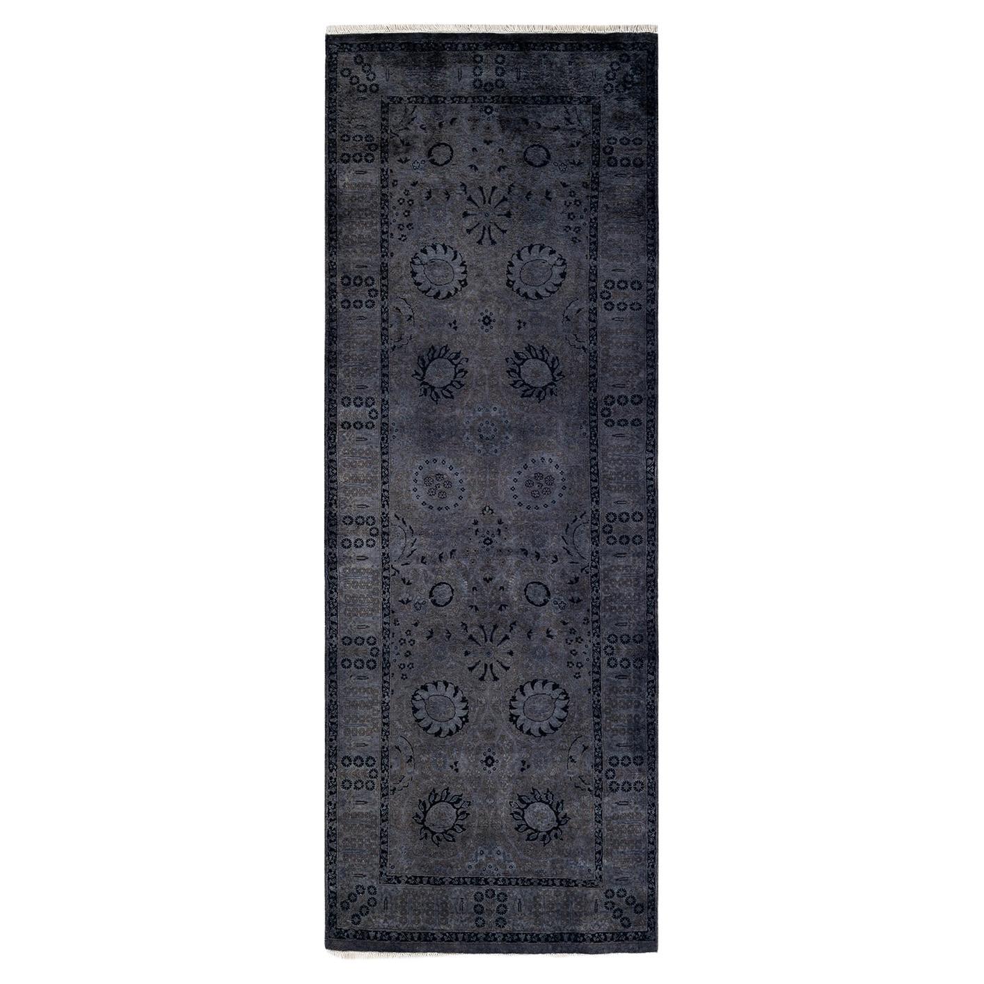 Overdyed Hand Knotted Wool Gray Runner For Sale