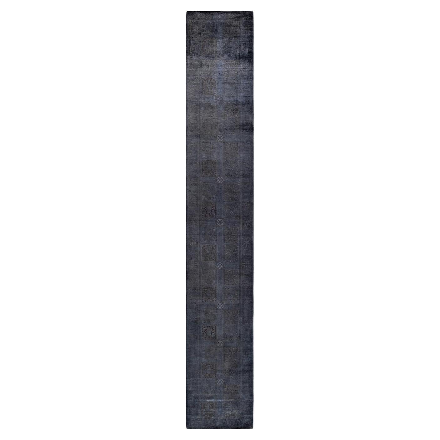 Overdyed Hand Knotted Wool Gray Runner